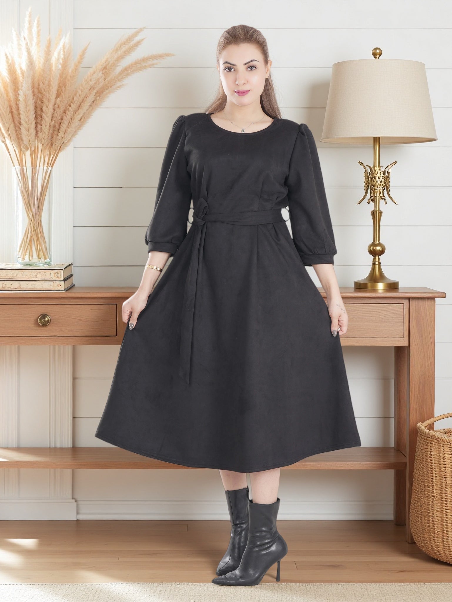 Women’s Warm Midi Dress with Waist Tie