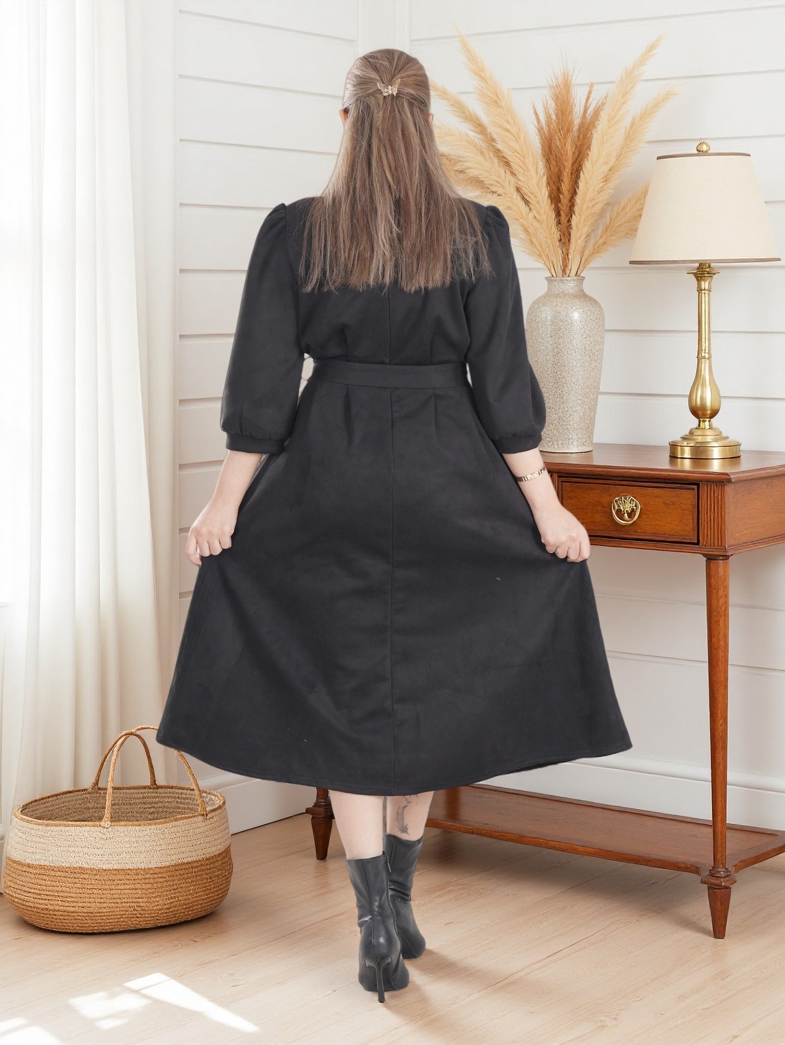 Women’s Warm Midi Dress with Waist Tie