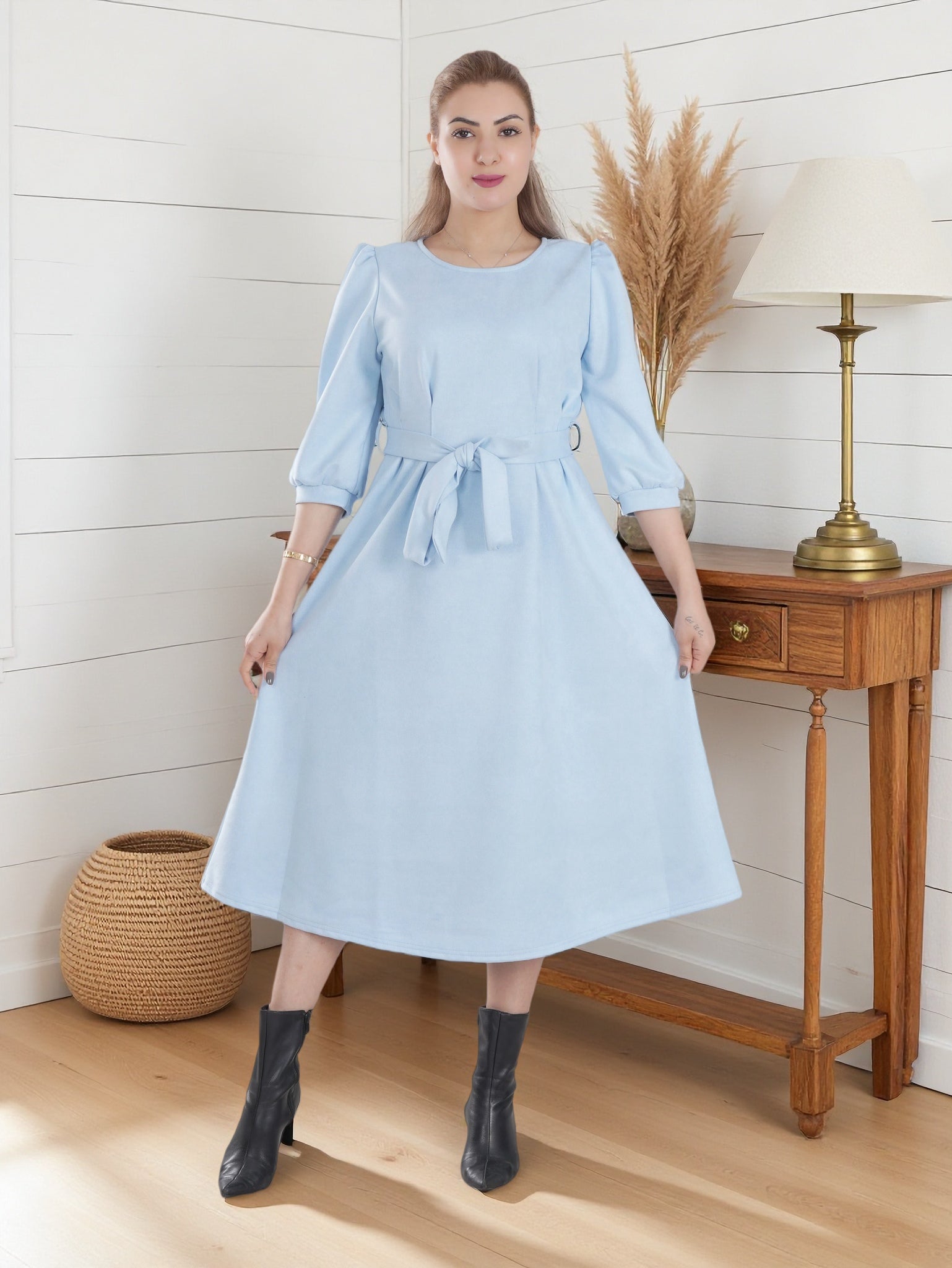 Women’s Warm Midi Dress with Waist Tie