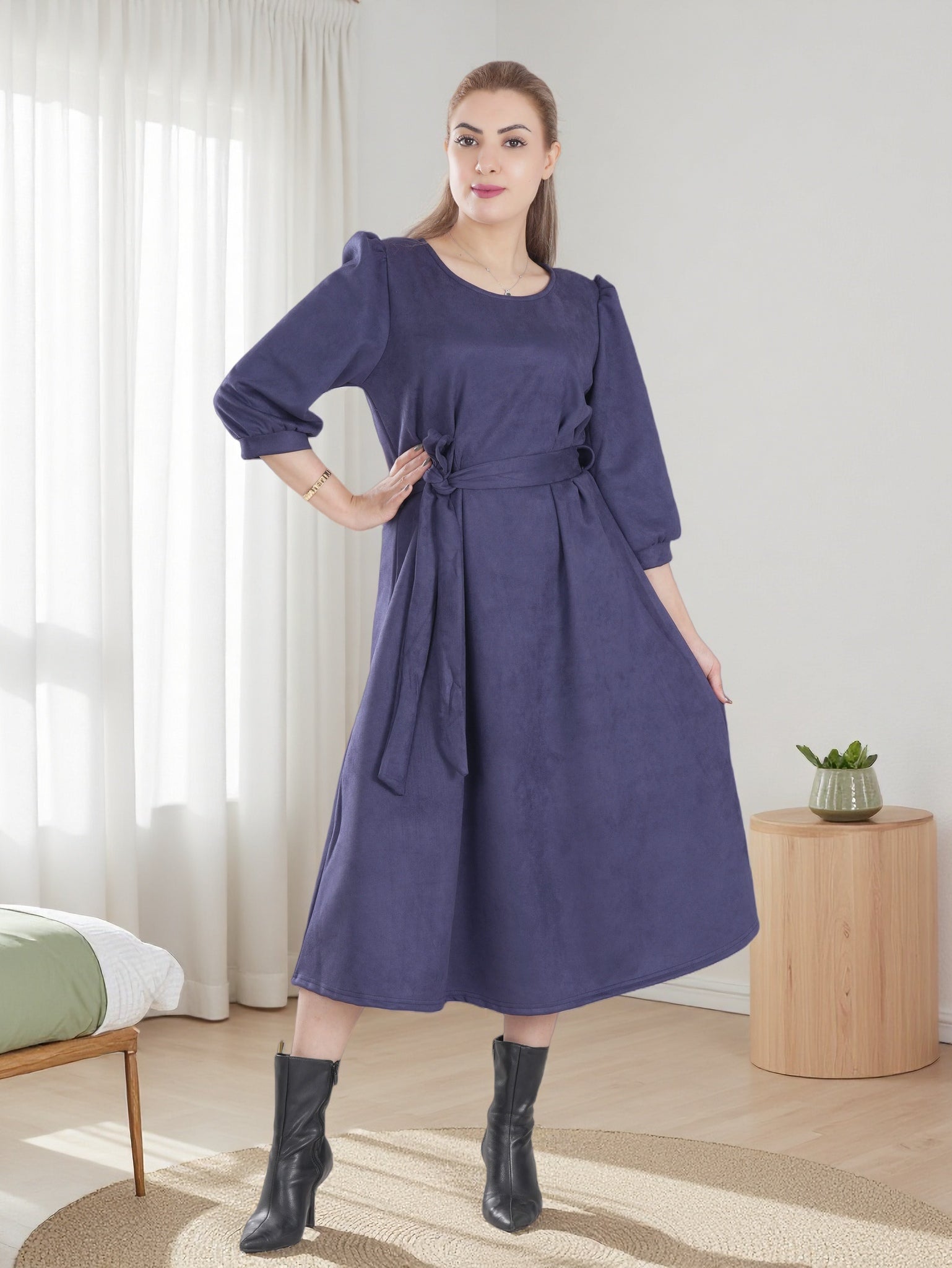 Women’s Warm Midi Dress with Waist Tie