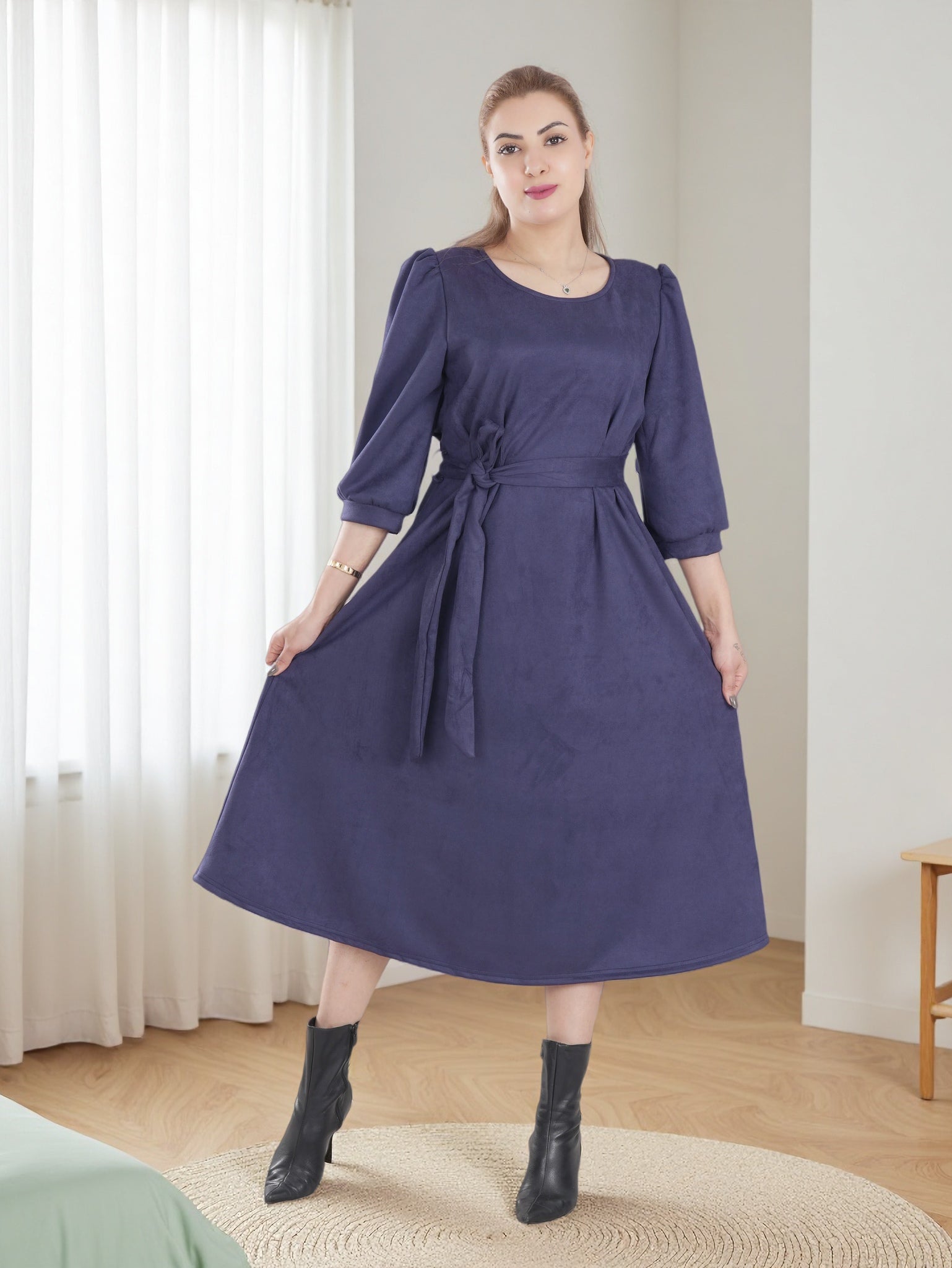 Women’s Warm Midi Dress with Waist Tie