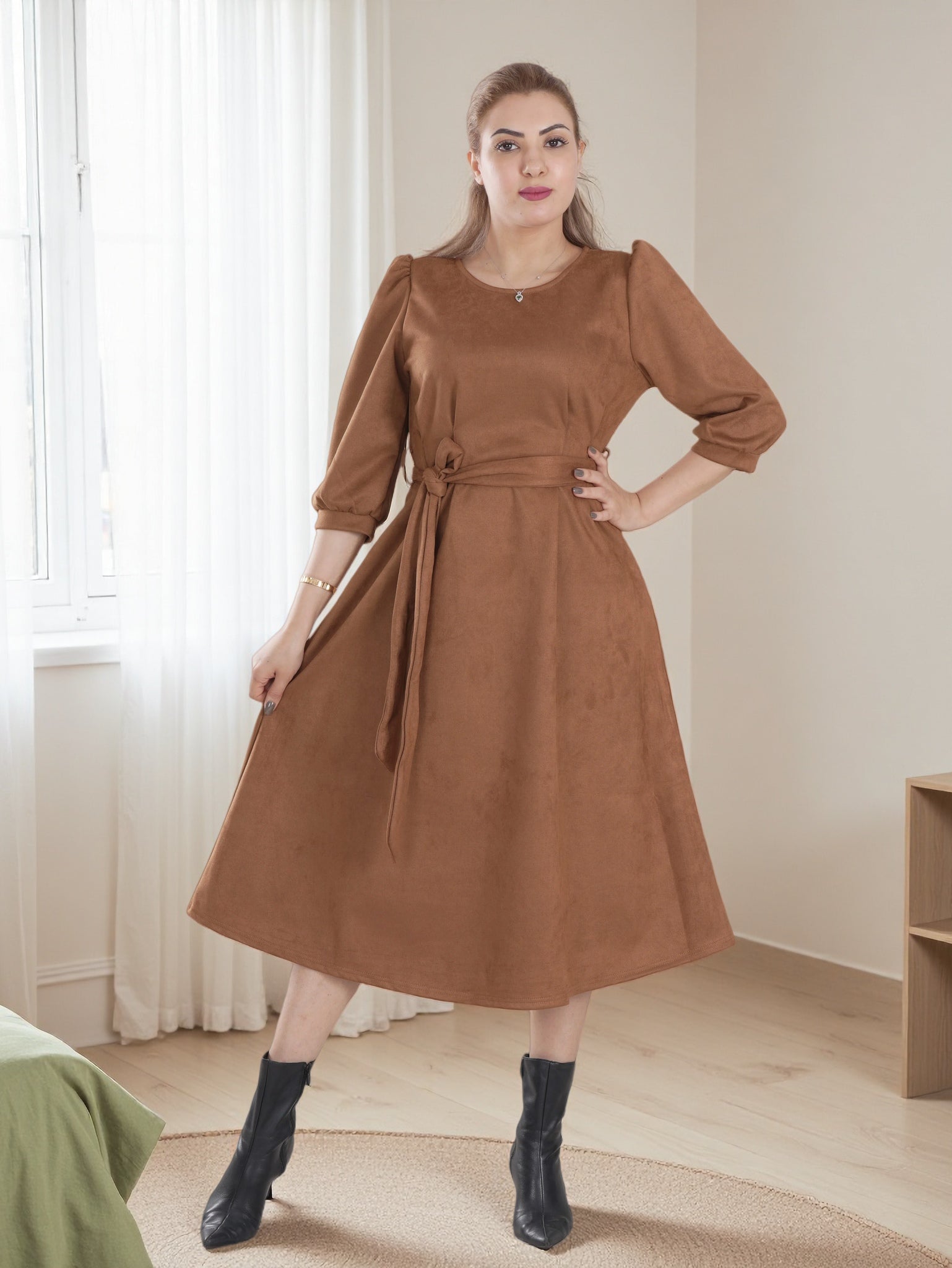 Women’s Warm Midi Dress with Waist Tie