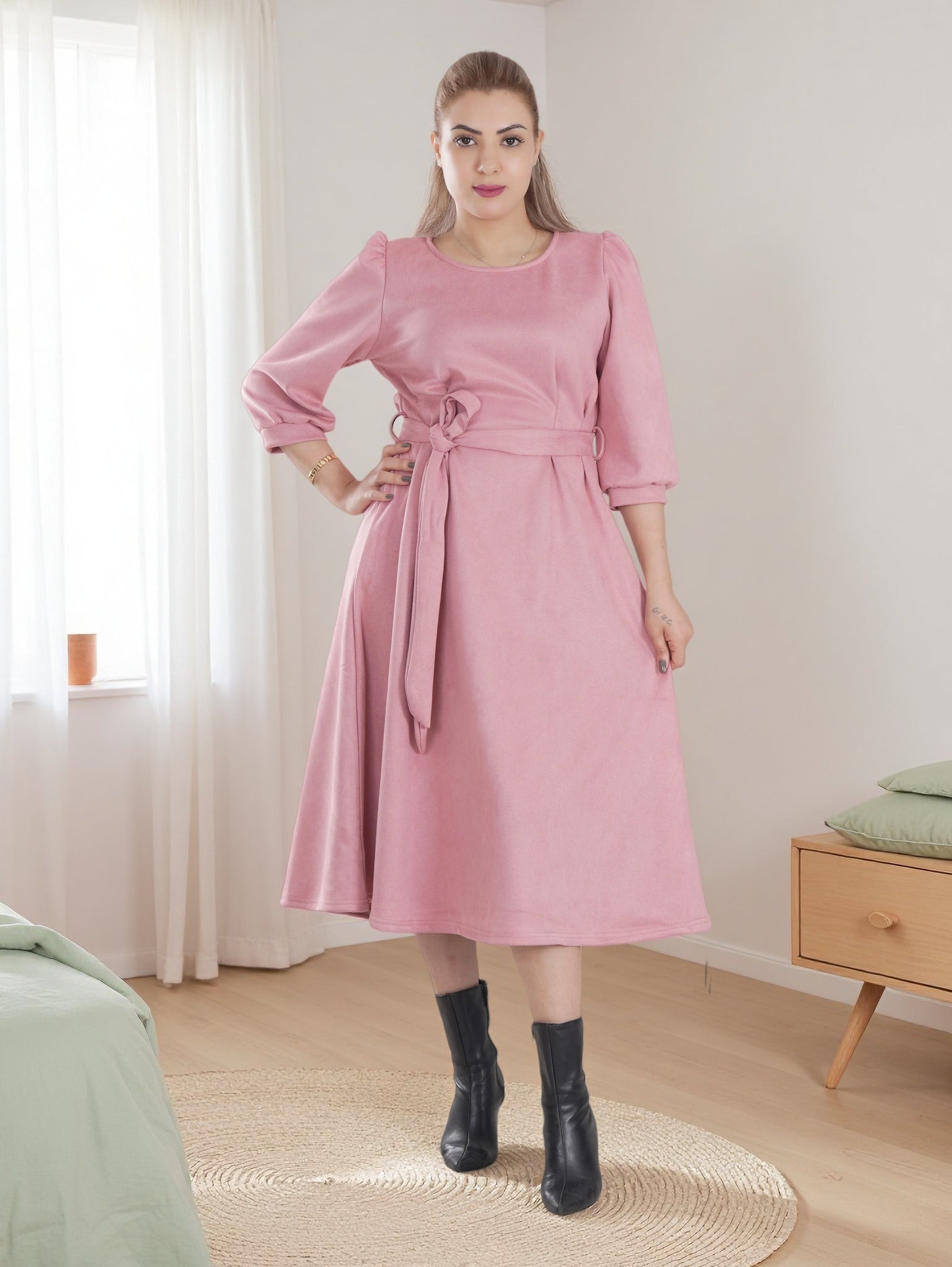 Women’s Warm Midi Dress with Waist Tie