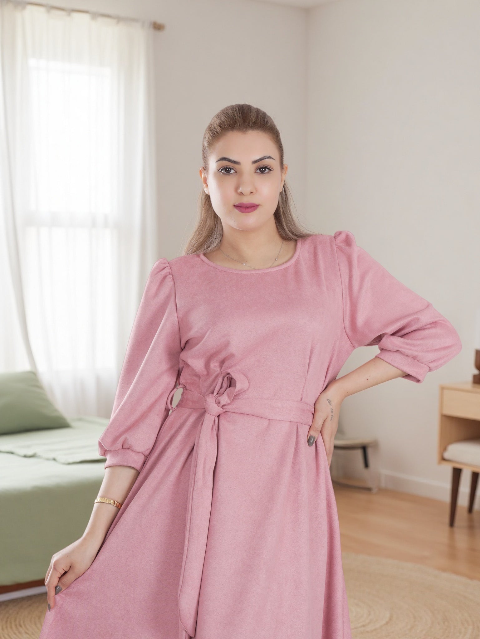 Women’s Warm Midi Dress with Waist Tie