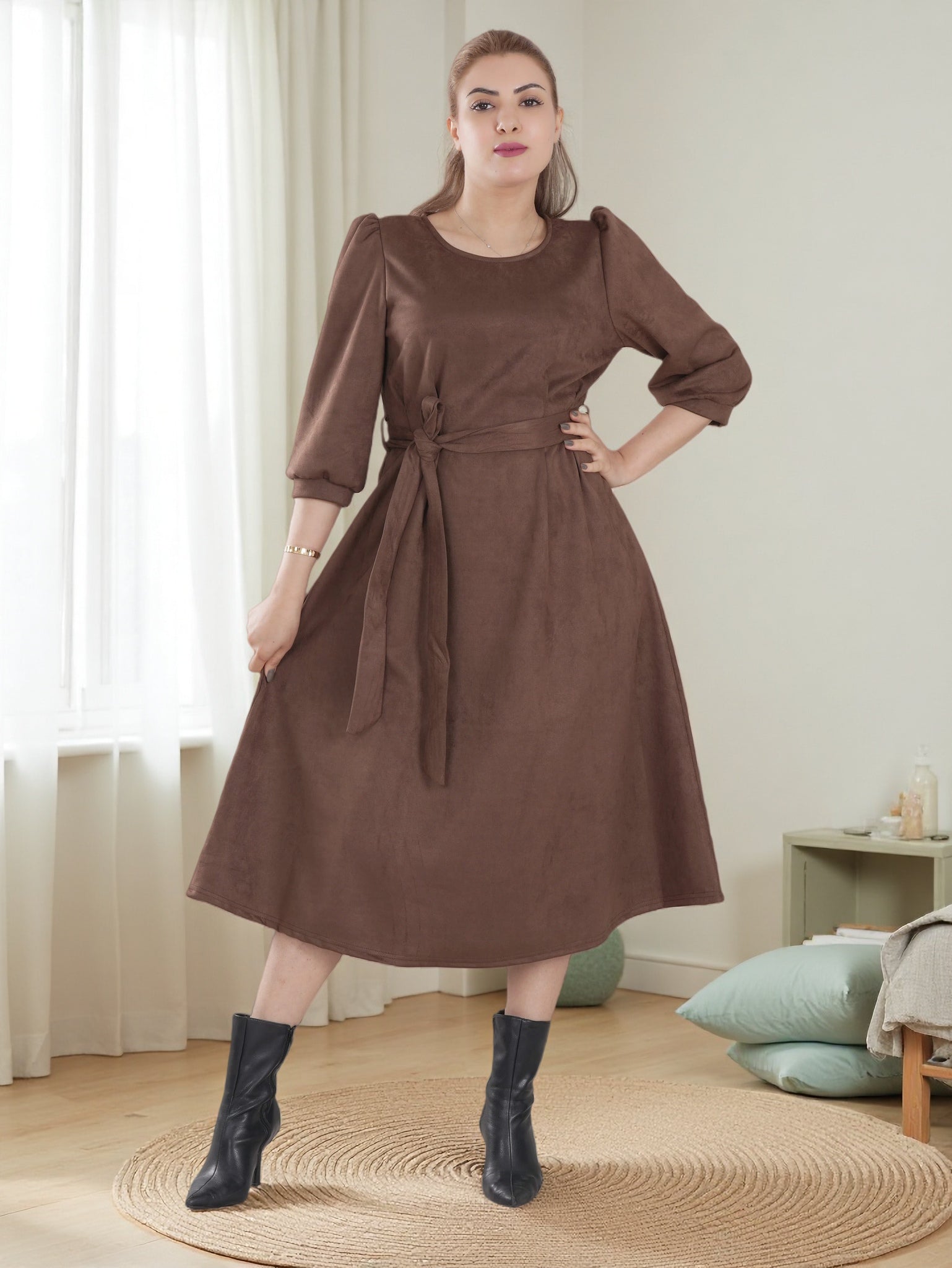 Women’s Warm Midi Dress with Waist Tie