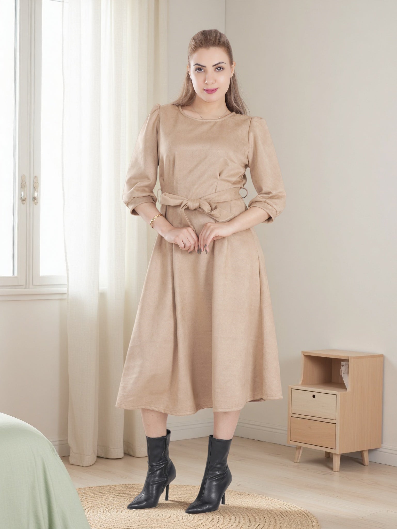 Women’s Warm Midi Dress with Waist Tie