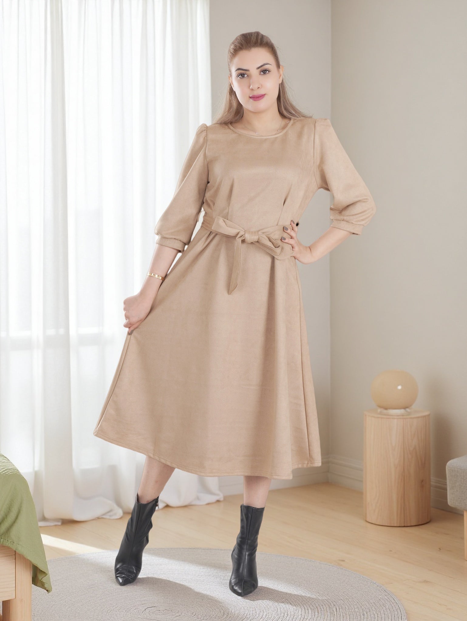 Women’s Warm Midi Dress with Waist Tie