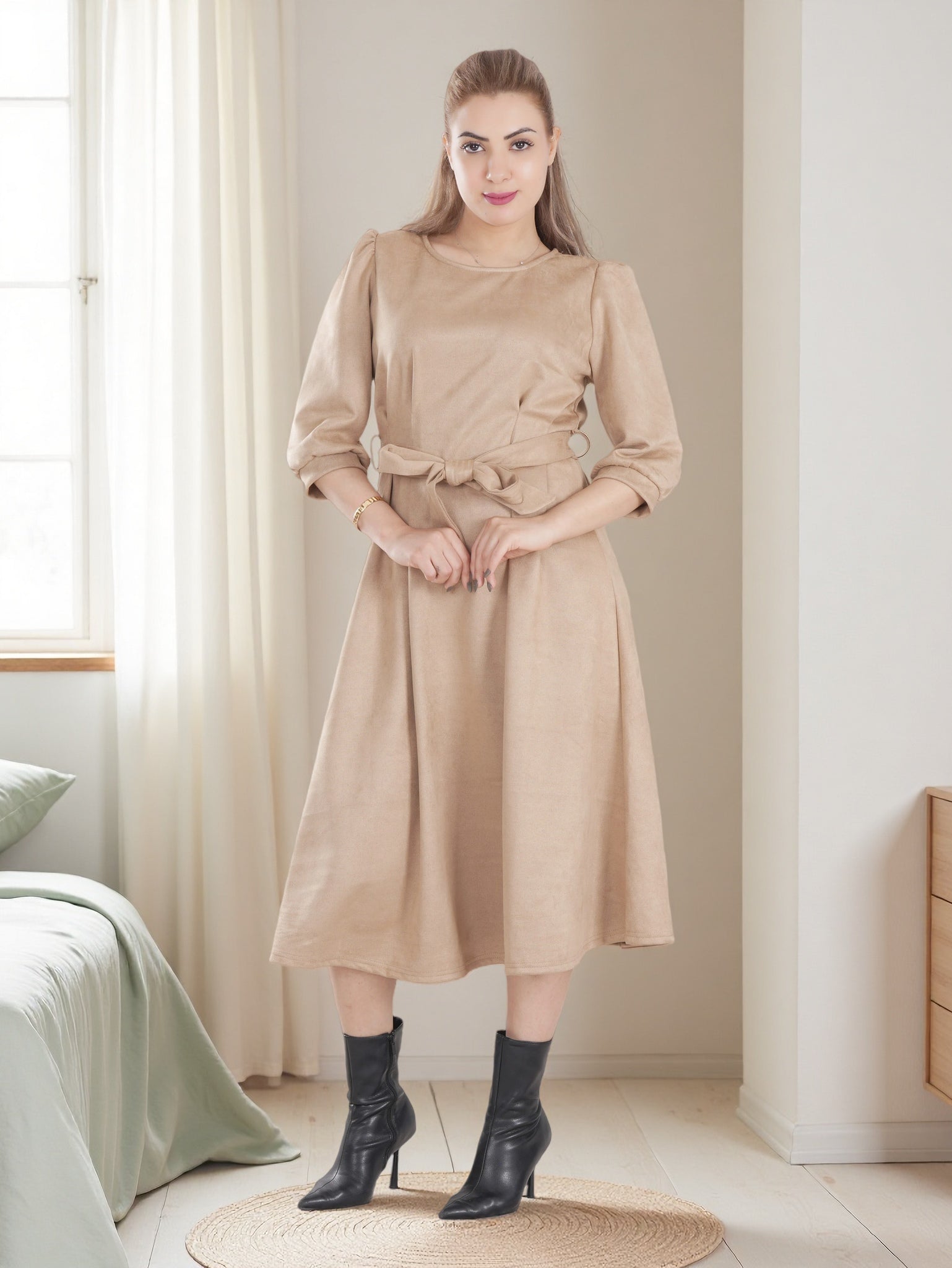 Women’s Warm Midi Dress with Waist Tie