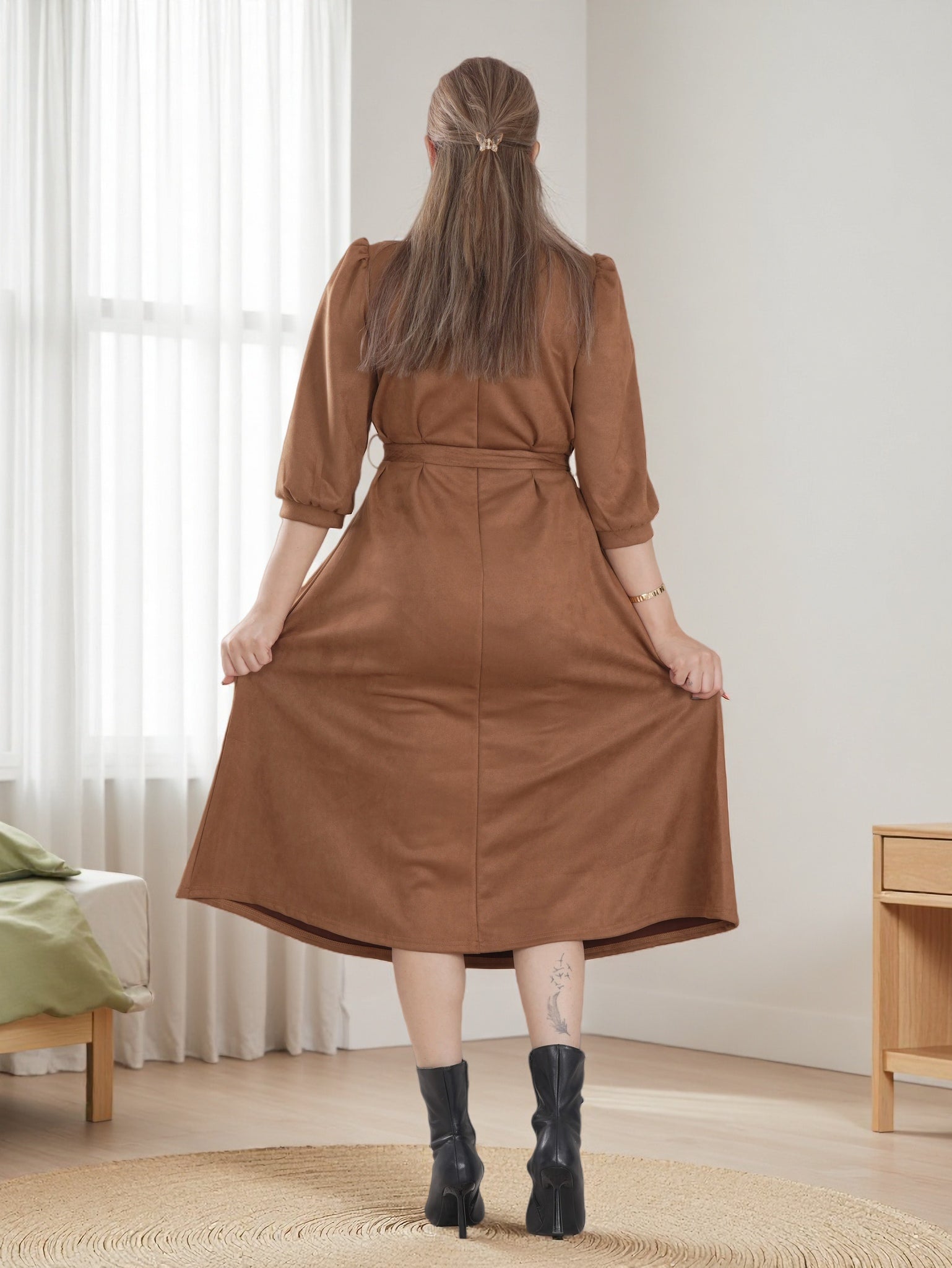 Women’s Warm Midi Dress with Waist Tie