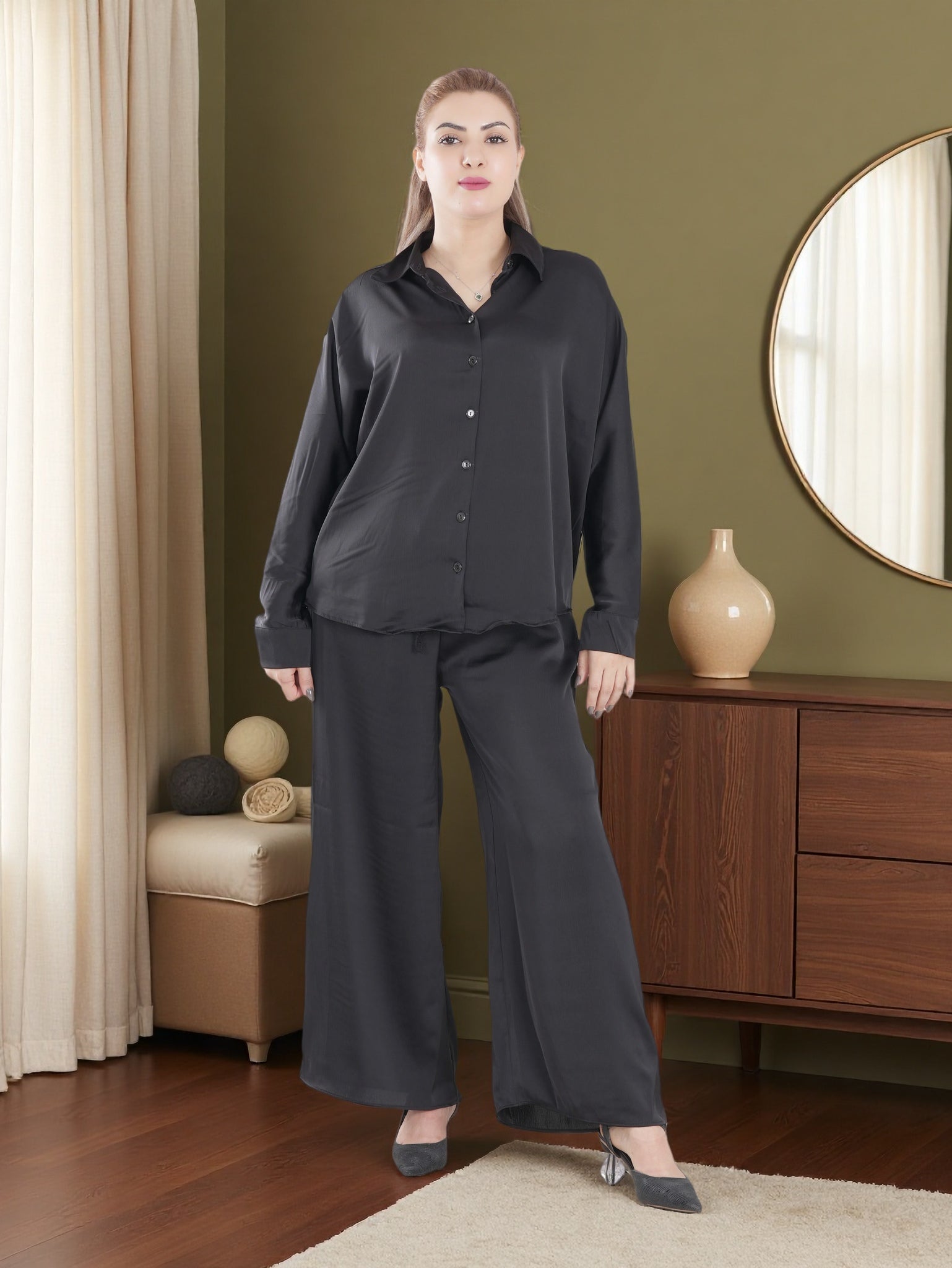 Women’s Premium Soft Satin Co-Ord Set – Long Sleeve Shirt & Wide-Leg Pants | Casual & Modest Wear