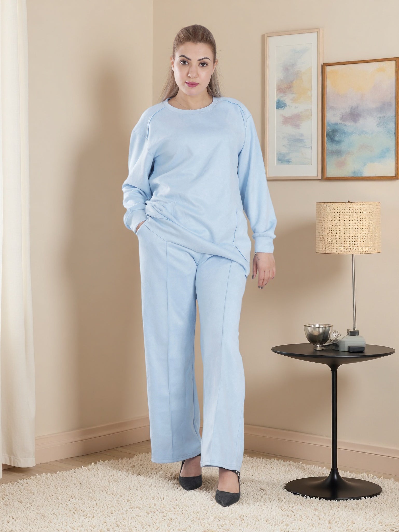 Women’s Cozy Fleece 2-Piece Loungewear Set – Long Sleeve Top & Wide-Leg Pants | Soft Winter Home Wear