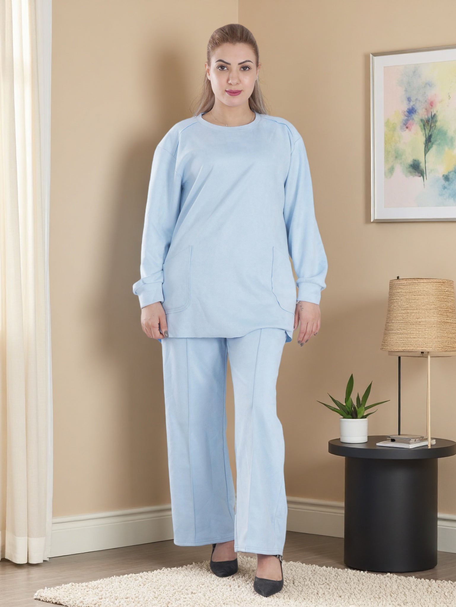 Women’s Cozy Fleece 2-Piece Loungewear Set – Long Sleeve Top & Wide-Leg Pants | Soft Winter Home Wear