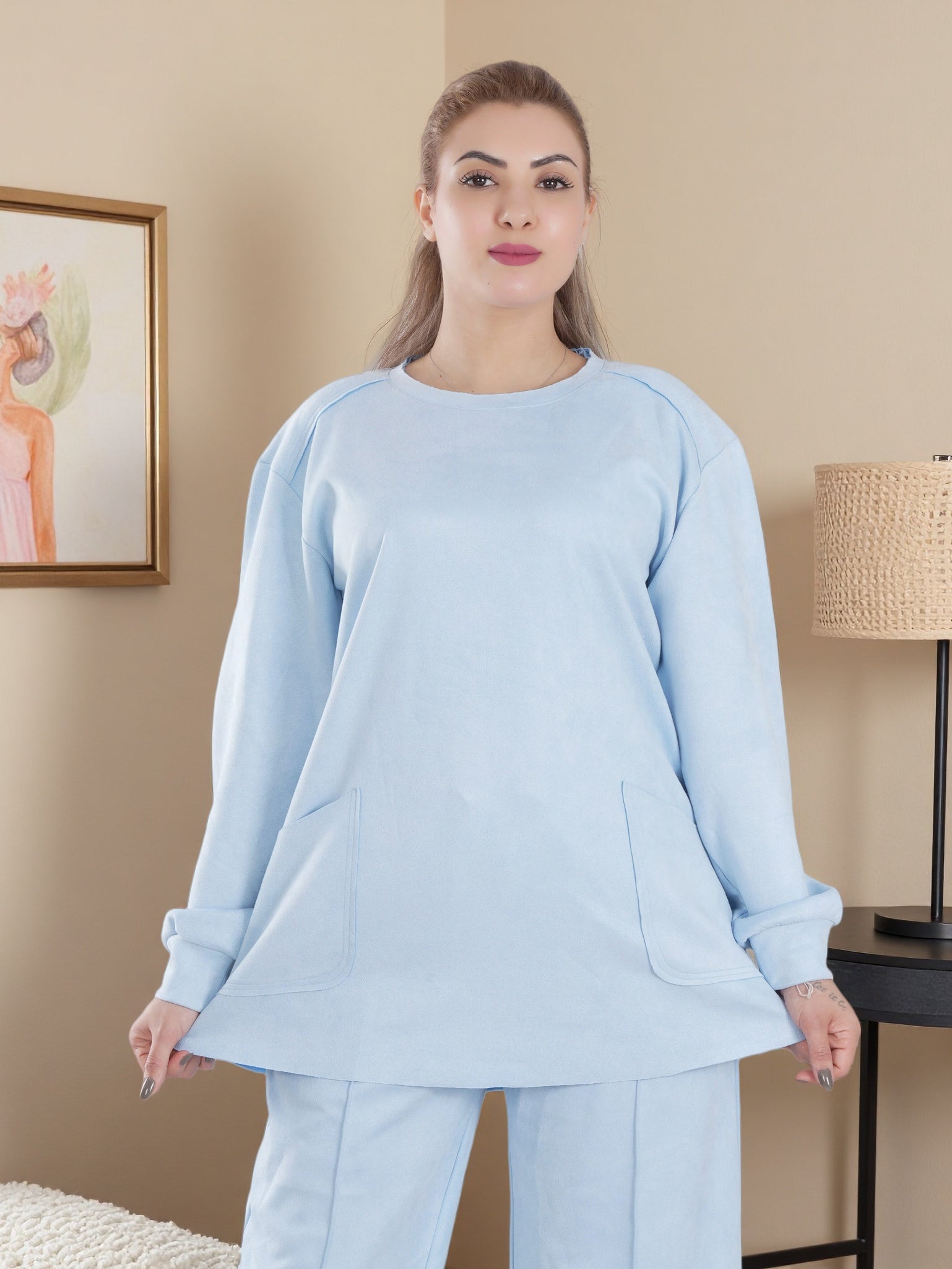 Women’s Cozy Fleece 2-Piece Loungewear Set – Long Sleeve Top & Wide-Leg Pants | Soft Winter Home Wear