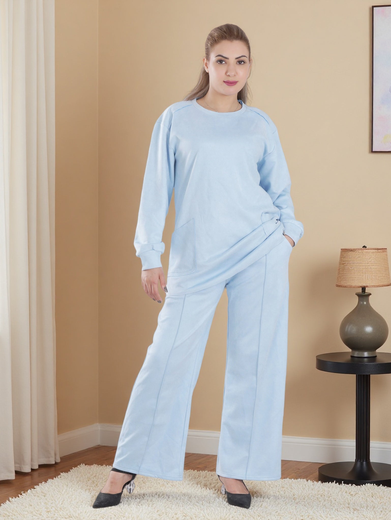 Women’s Cozy Fleece 2-Piece Loungewear Set – Long Sleeve Top & Wide-Leg Pants | Soft Winter Home Wear