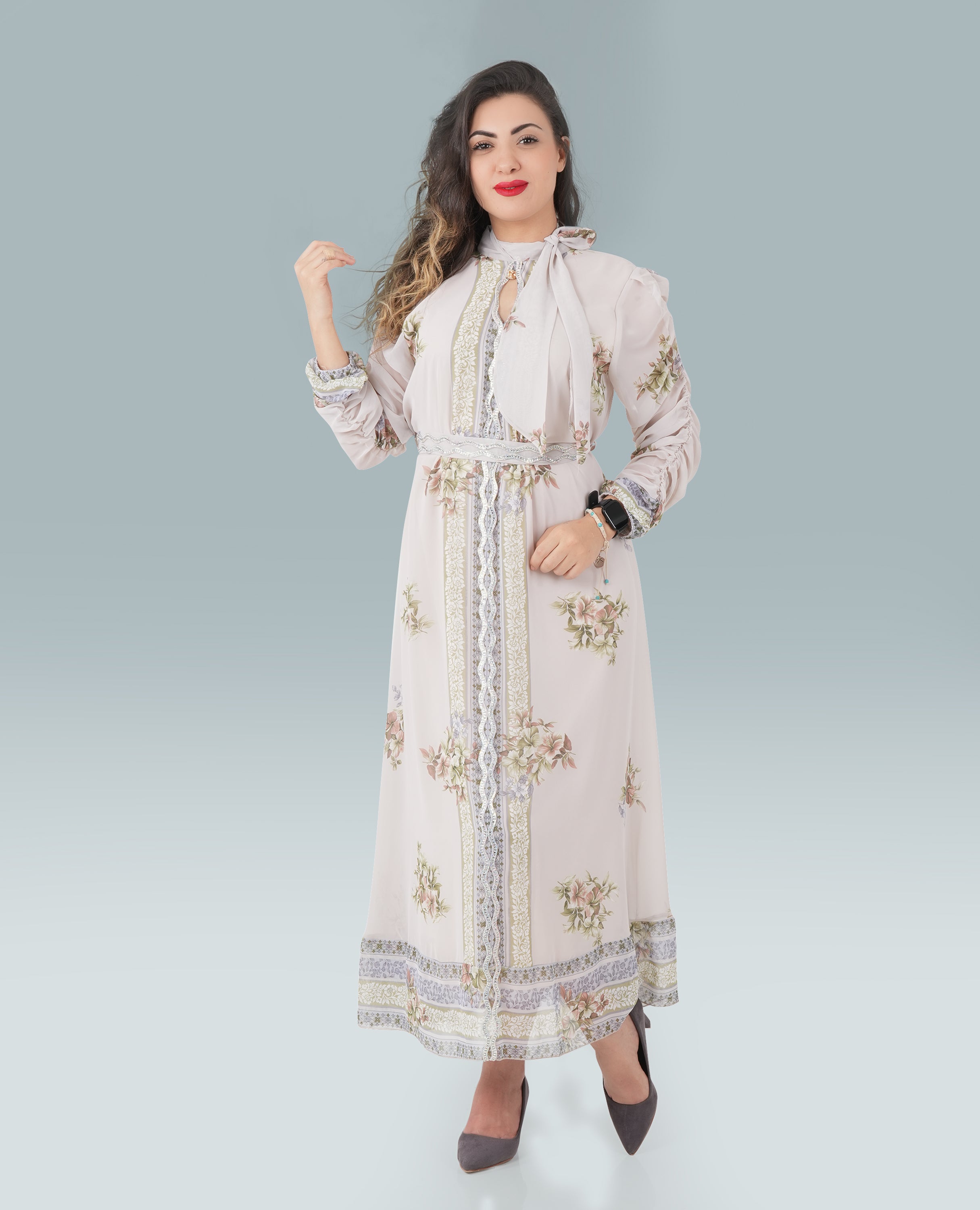 Elegant White Turkish Long Dress with Printed Design & Full Sleeves