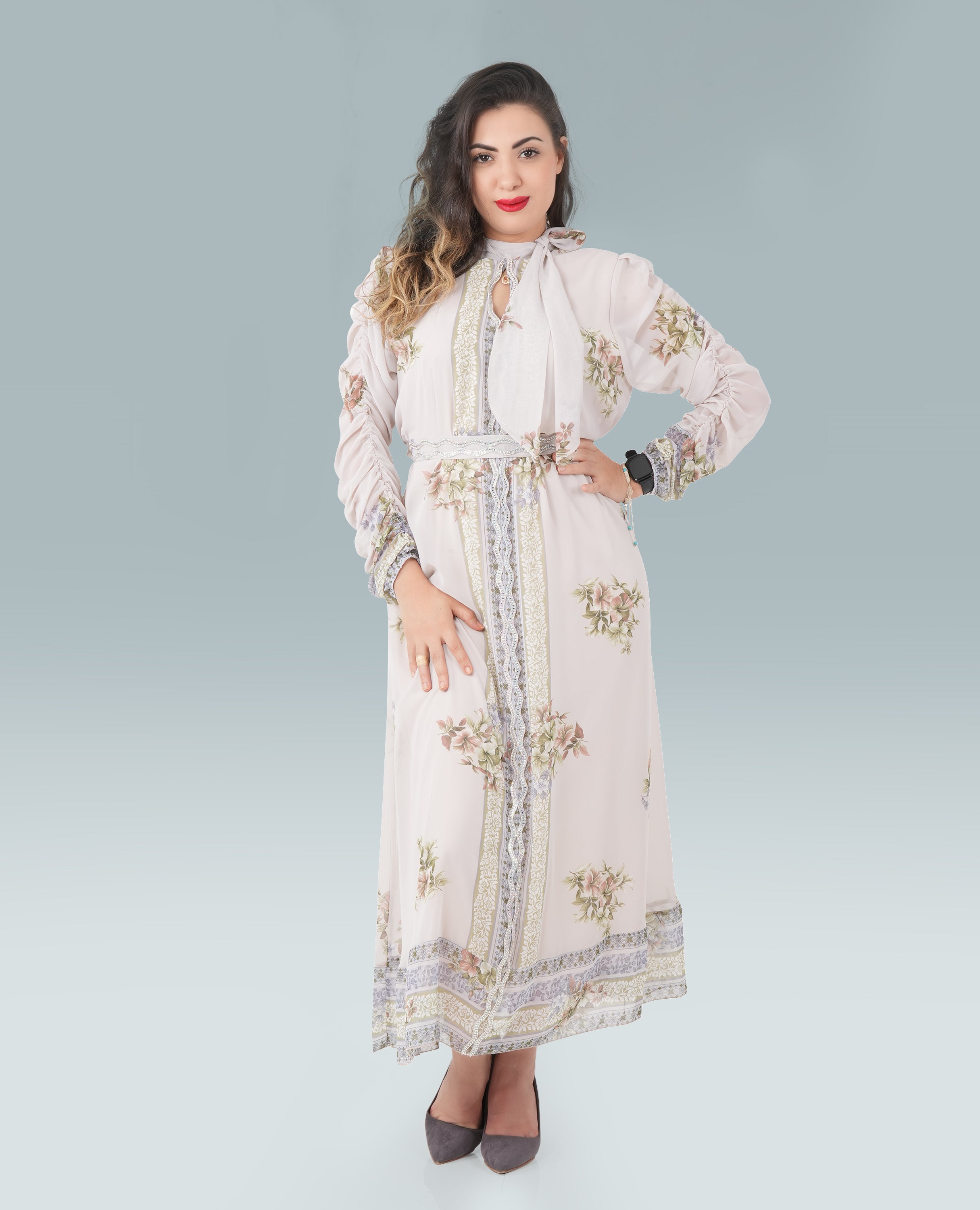 Elegant White Turkish Long Dress with Printed Design & Full Sleeves