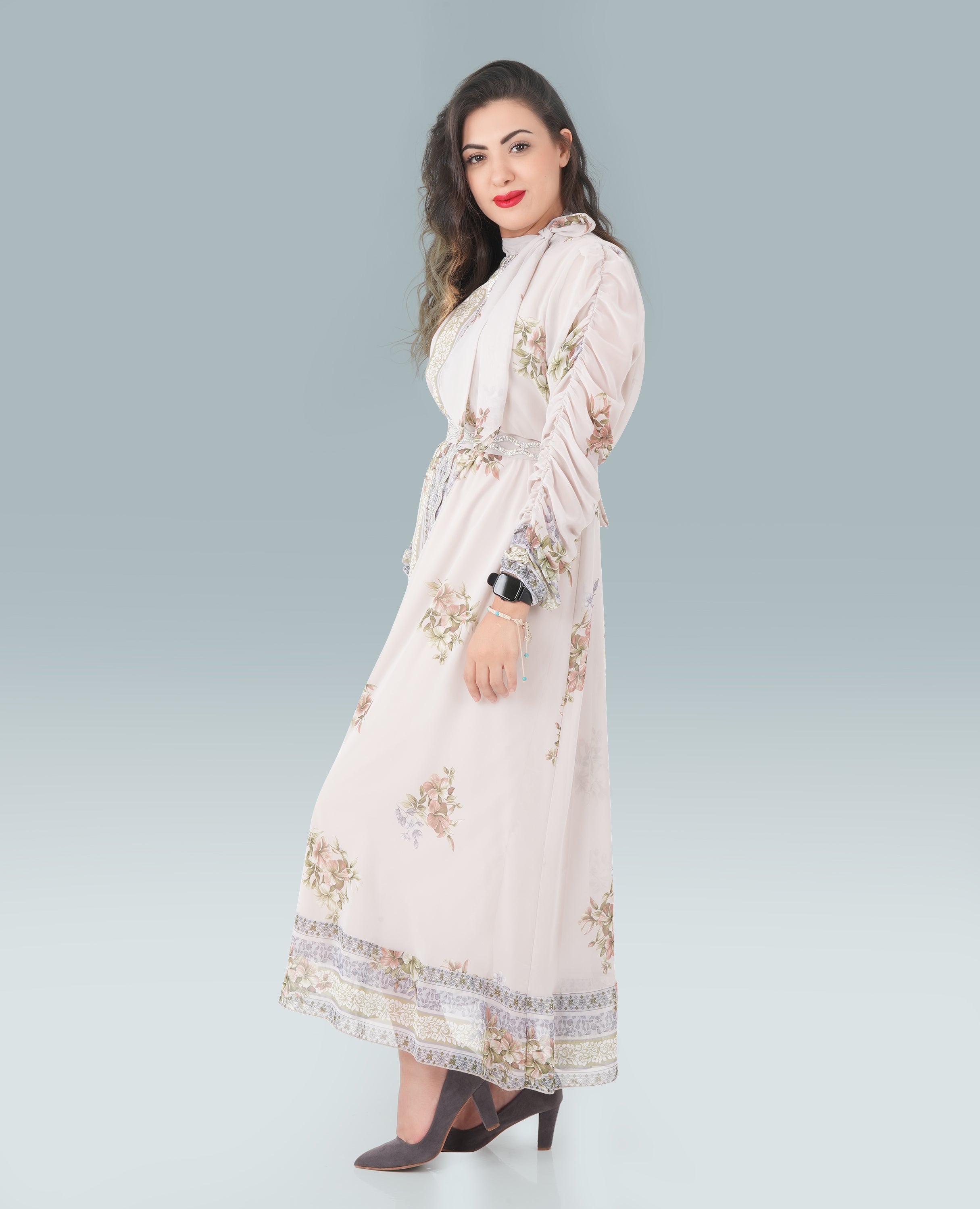 Elegant White Turkish Long Dress with Printed Design & Full Sleeves