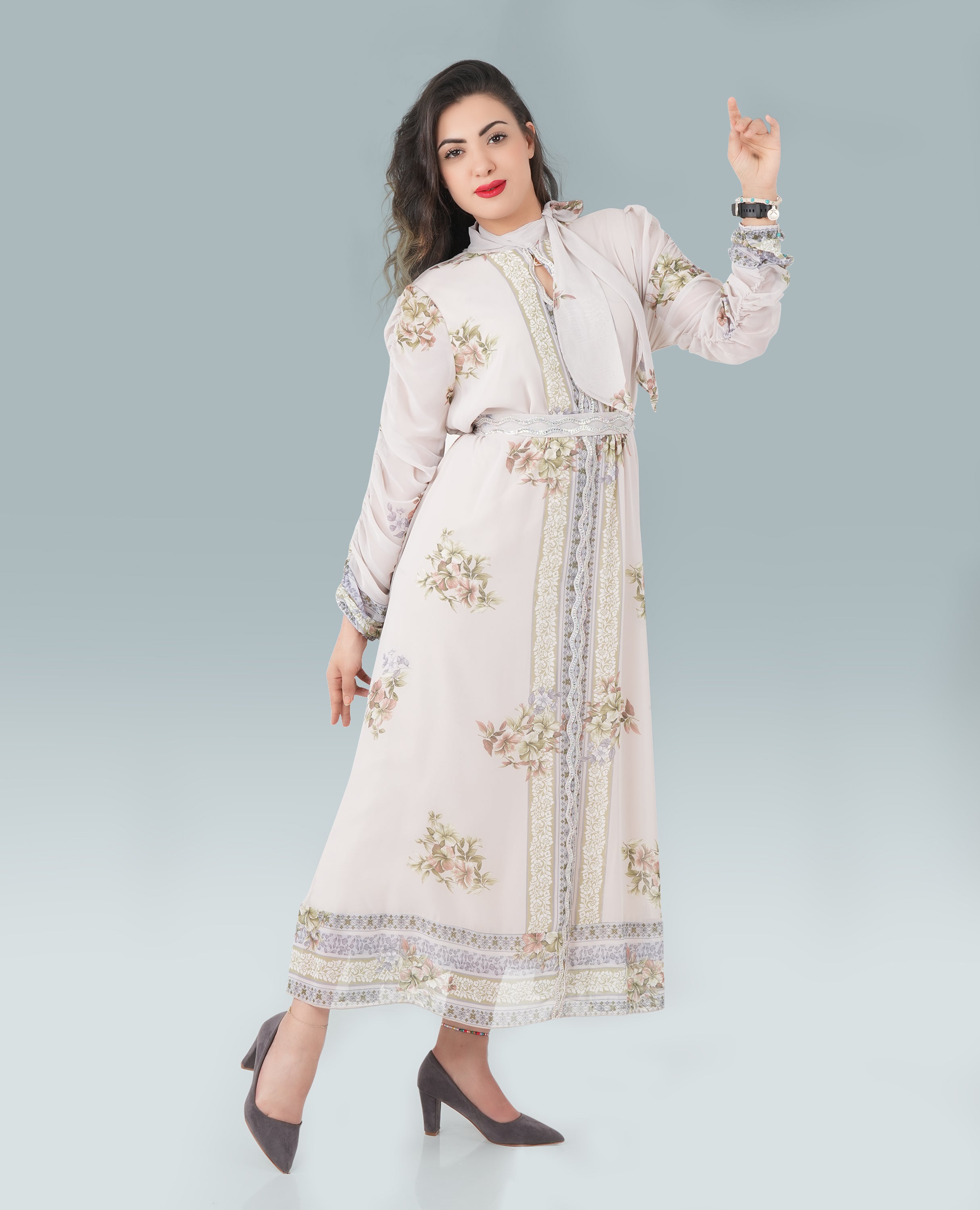 Elegant White Turkish Long Dress with Printed Design & Full Sleeves