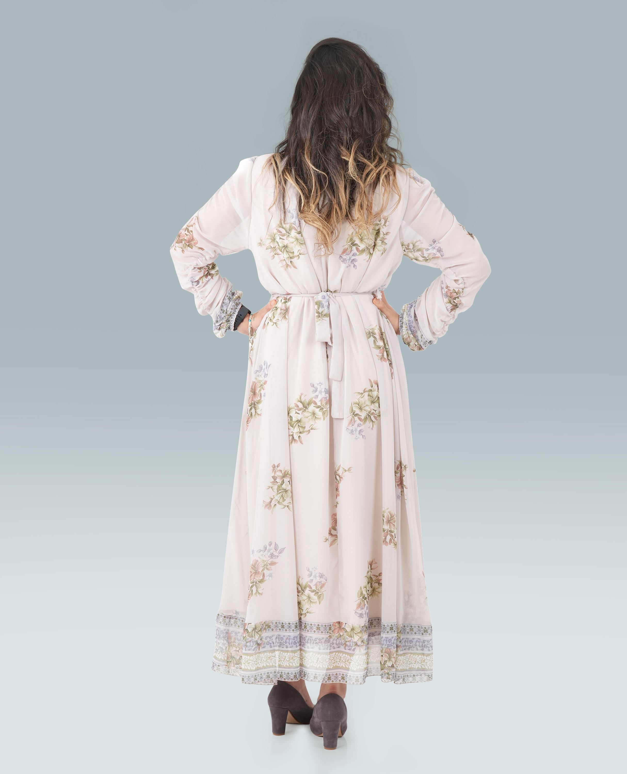 Elegant White Turkish Long Dress with Printed Design & Full Sleeves