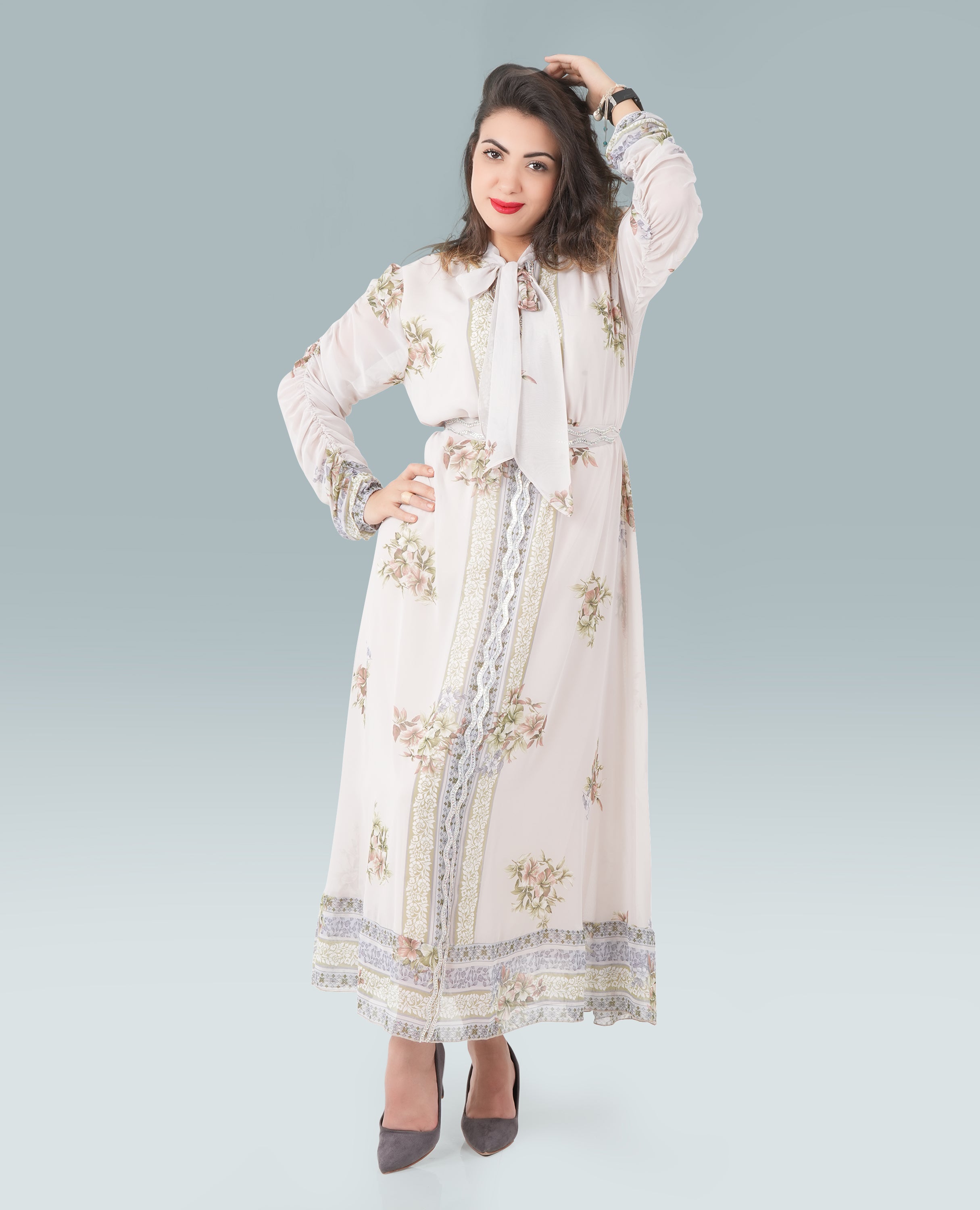 Elegant White Turkish Long Dress with Printed Design & Full Sleeves