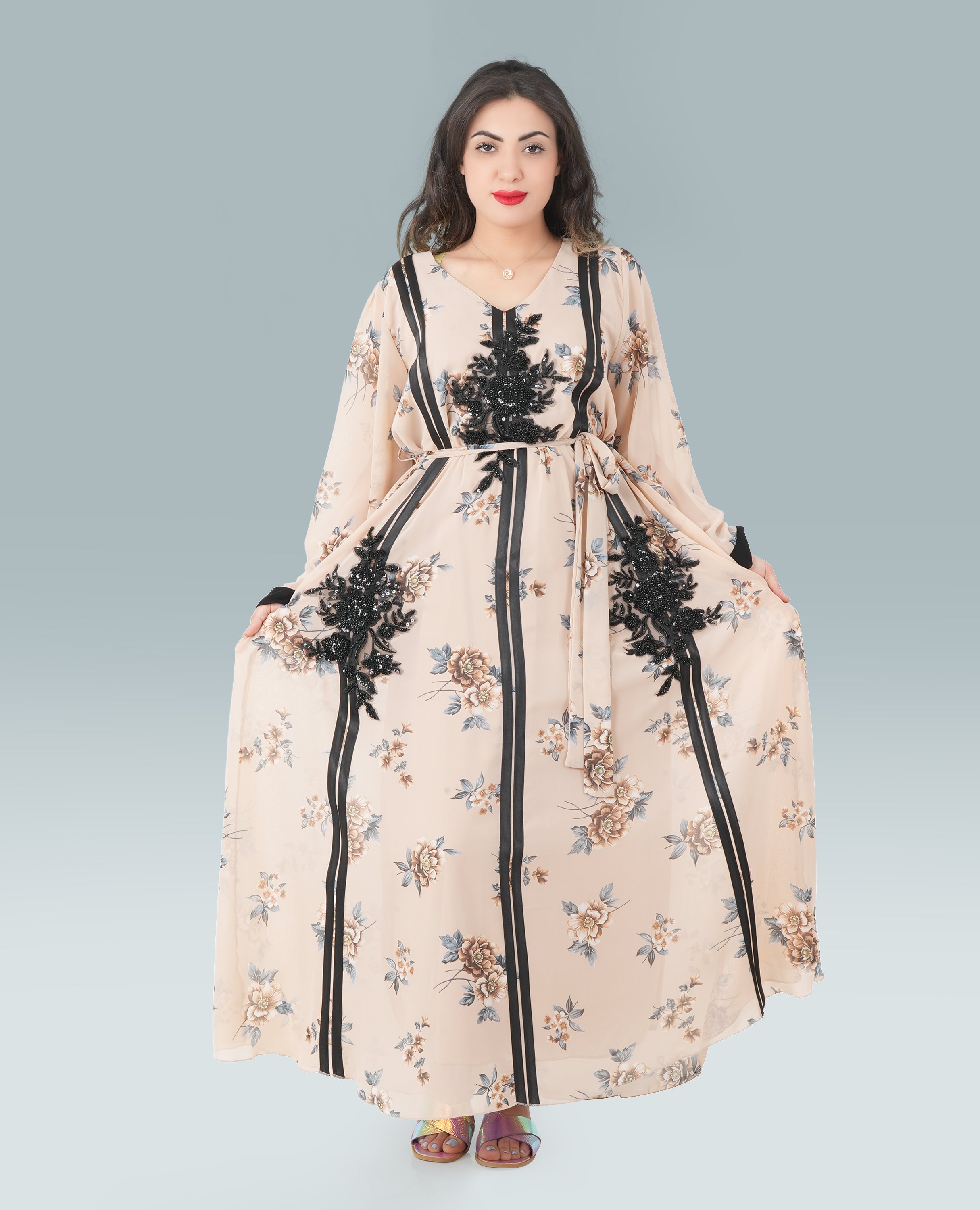 Elegant Floral Maxi Dress with Black Lace Appliqué & Waist Tie - FineLook