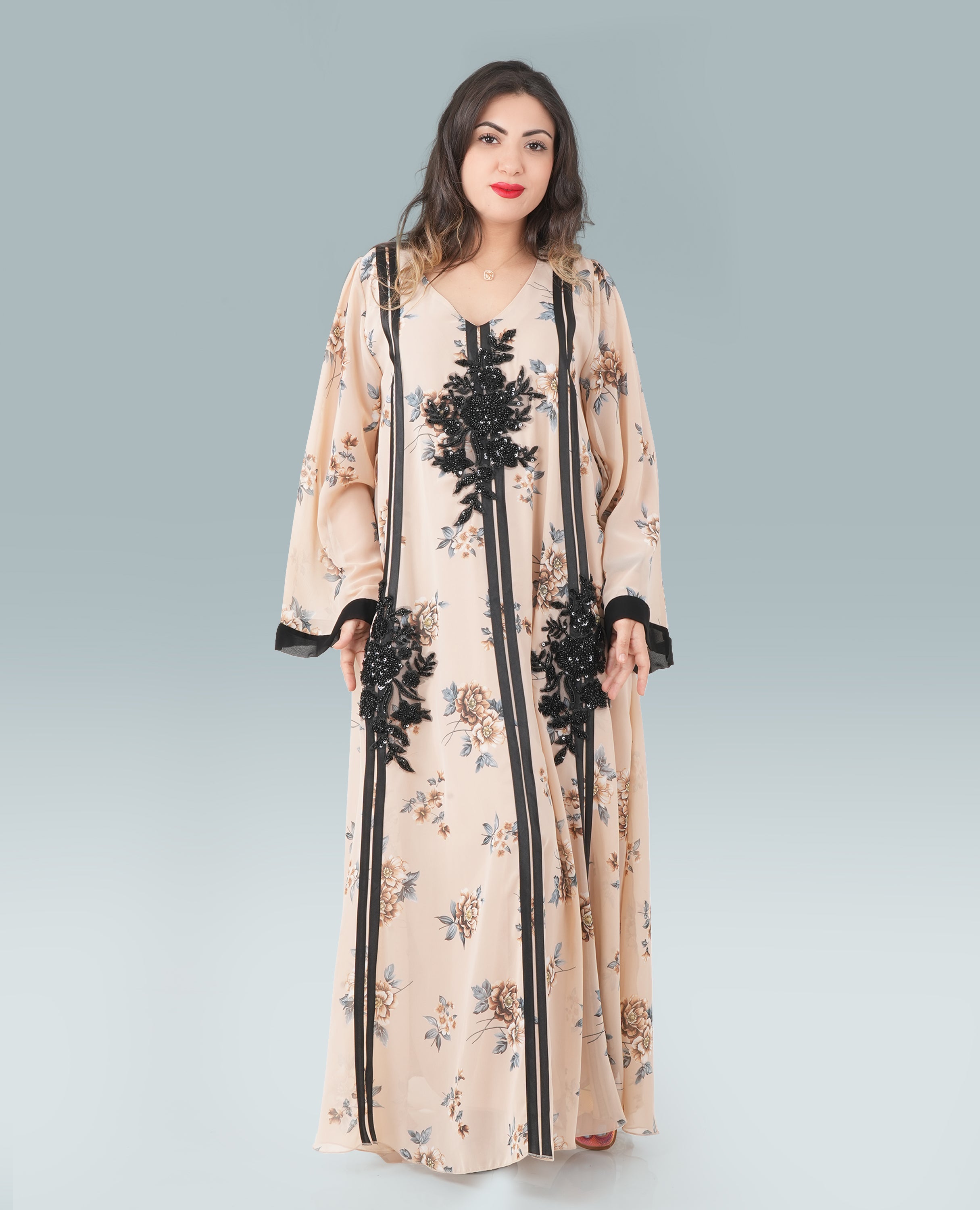 Elegant Floral Maxi Dress with Black Lace Appliqué & Waist Tie