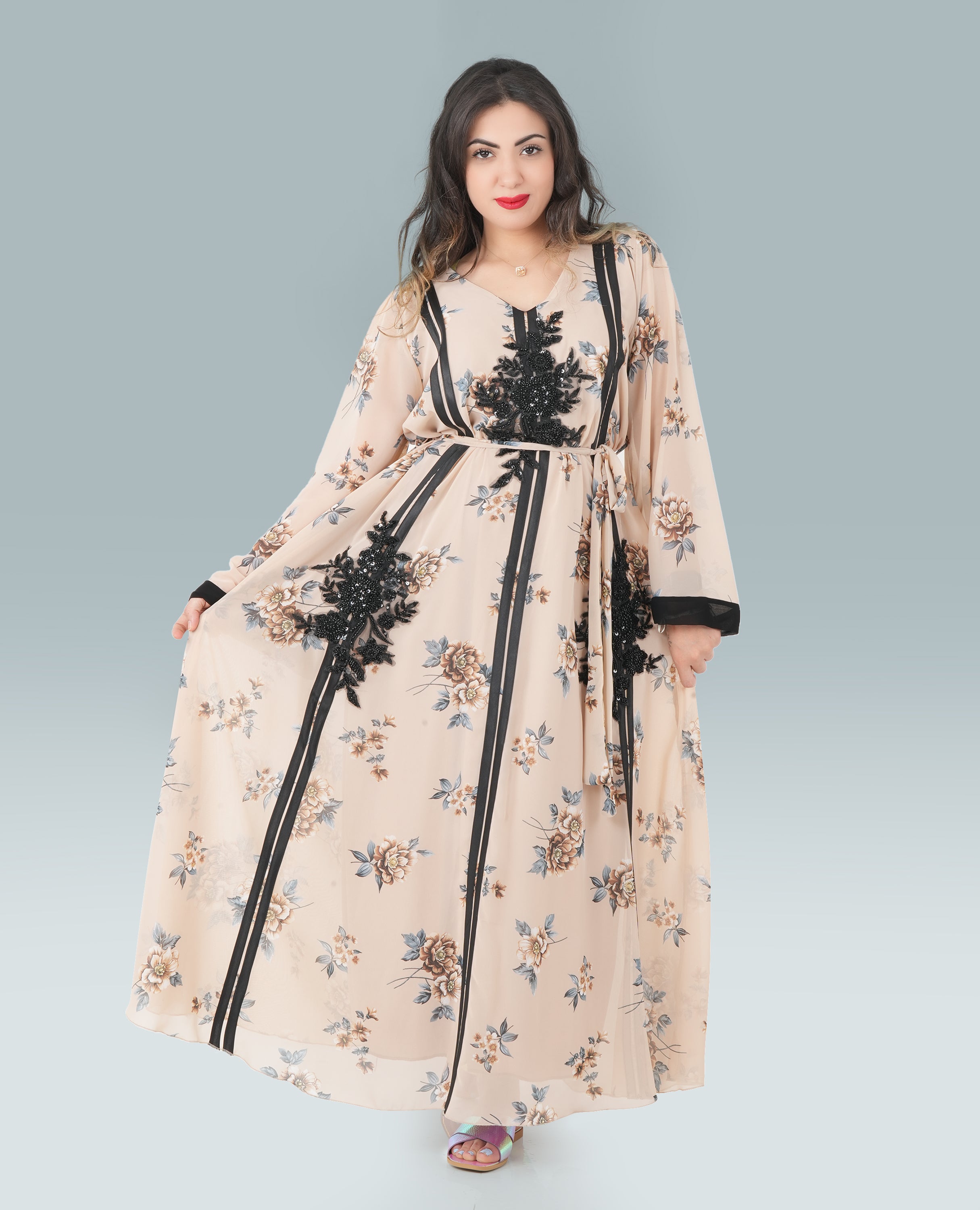 Elegant Floral Maxi Dress with Black Lace Appliqué & Waist Tie