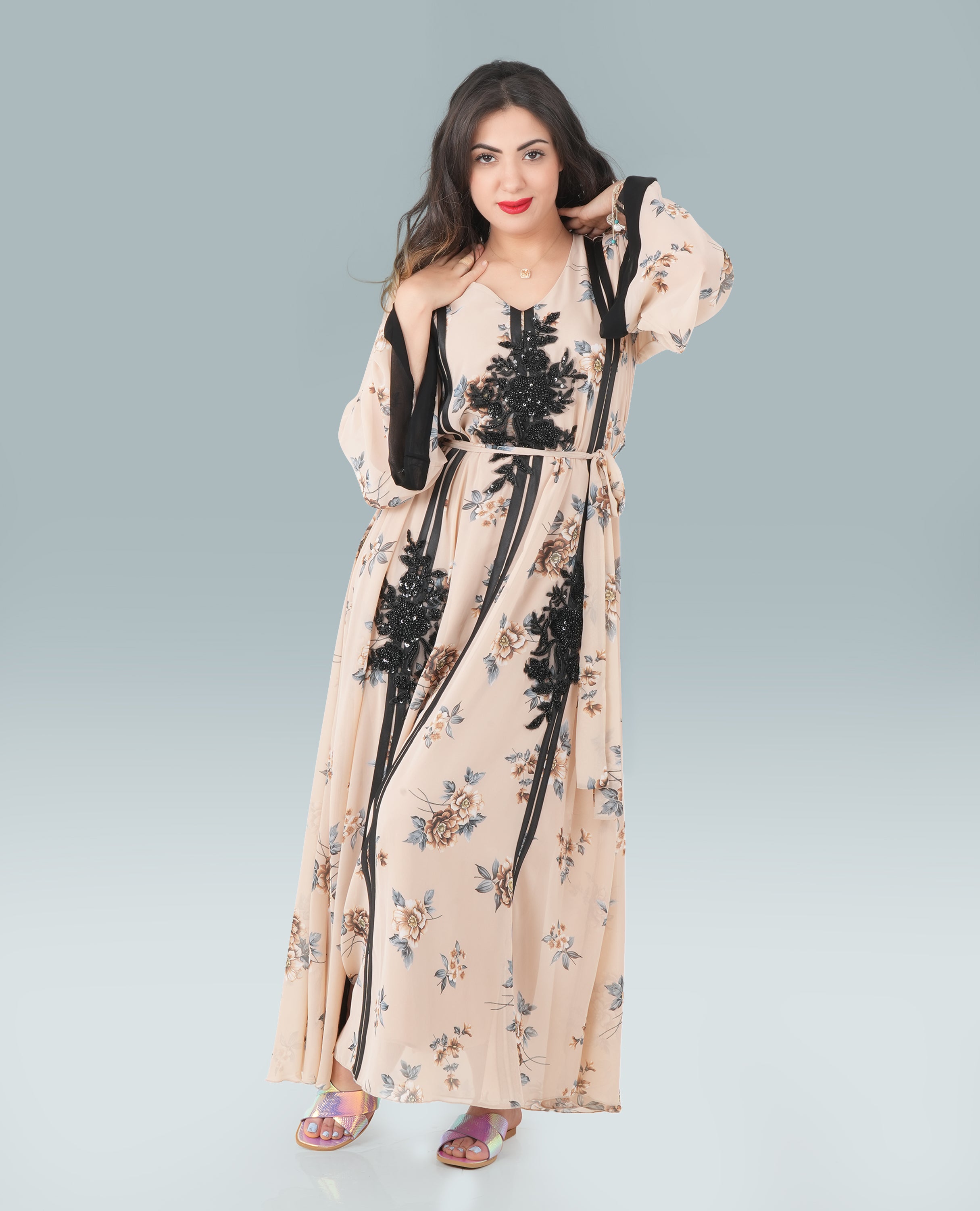 Elegant Floral Maxi Dress with Black Lace Appliqué & Waist Tie