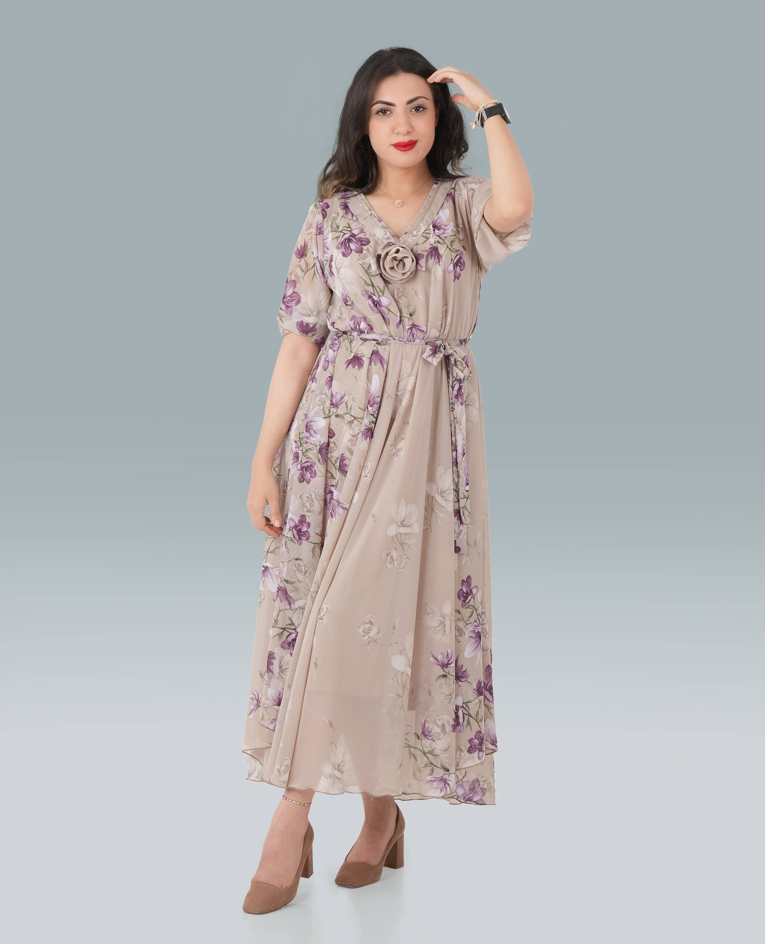 Vintage-Inspired Floral Print Maxi Dress with V-Neck & Waist Tie - FineLook