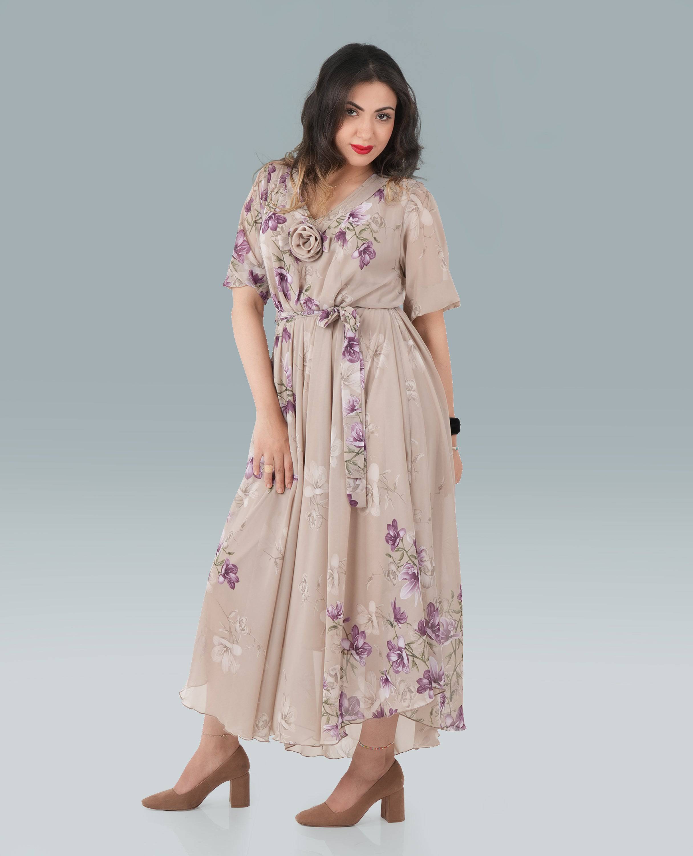 Vintage-Inspired Floral Print Maxi Dress with V-Neck & Waist Tie - FineLook