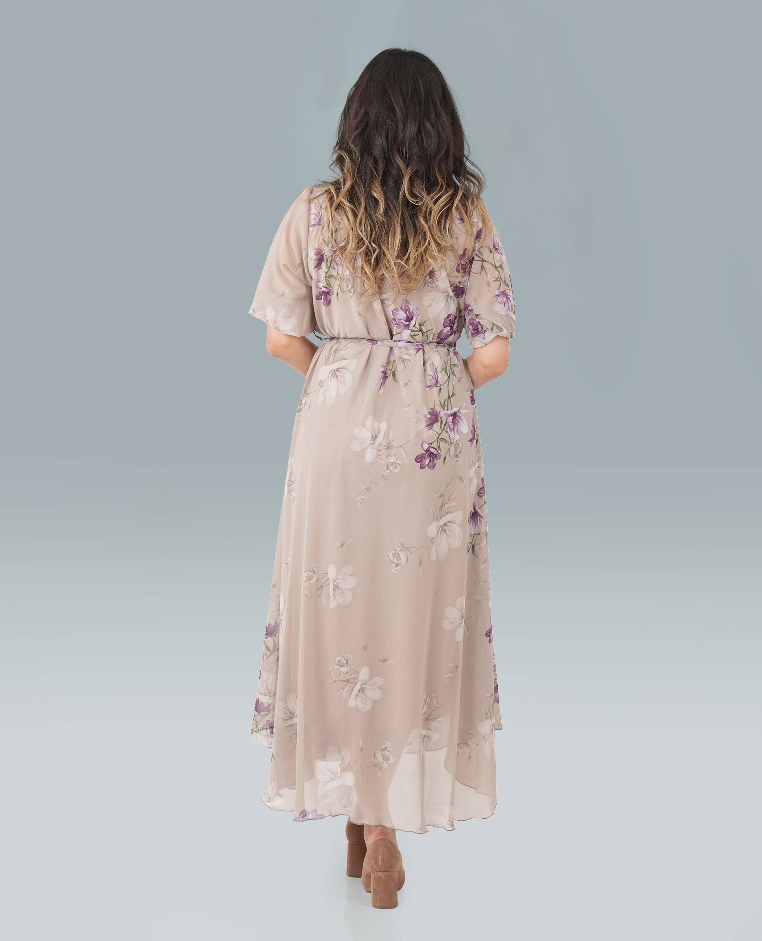 Vintage-Inspired Floral Print Maxi Dress with V-Neck & Waist Tie - FineLook