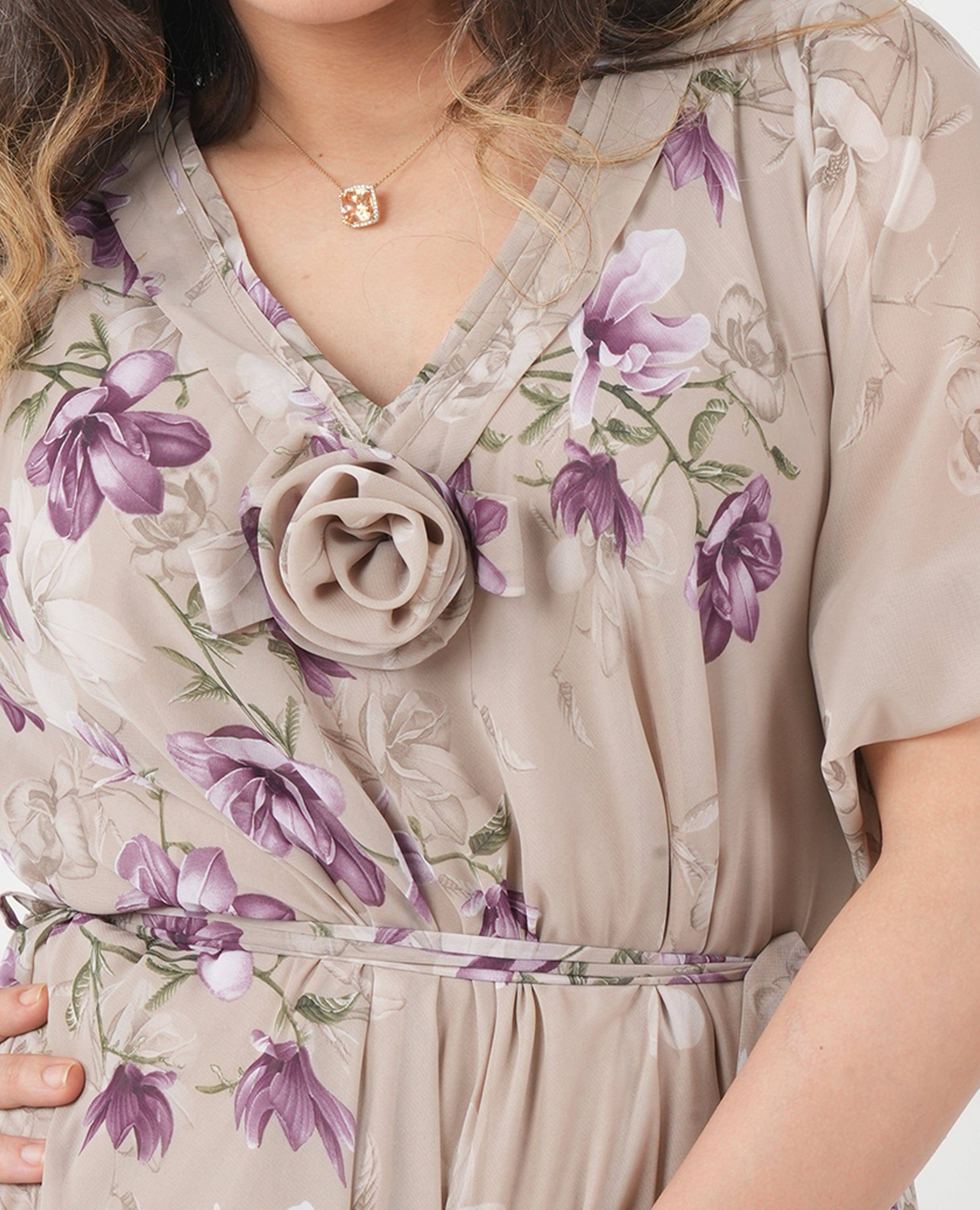 Vintage-Inspired Floral Print Maxi Dress with V-Neck & Waist Tie - FineLook