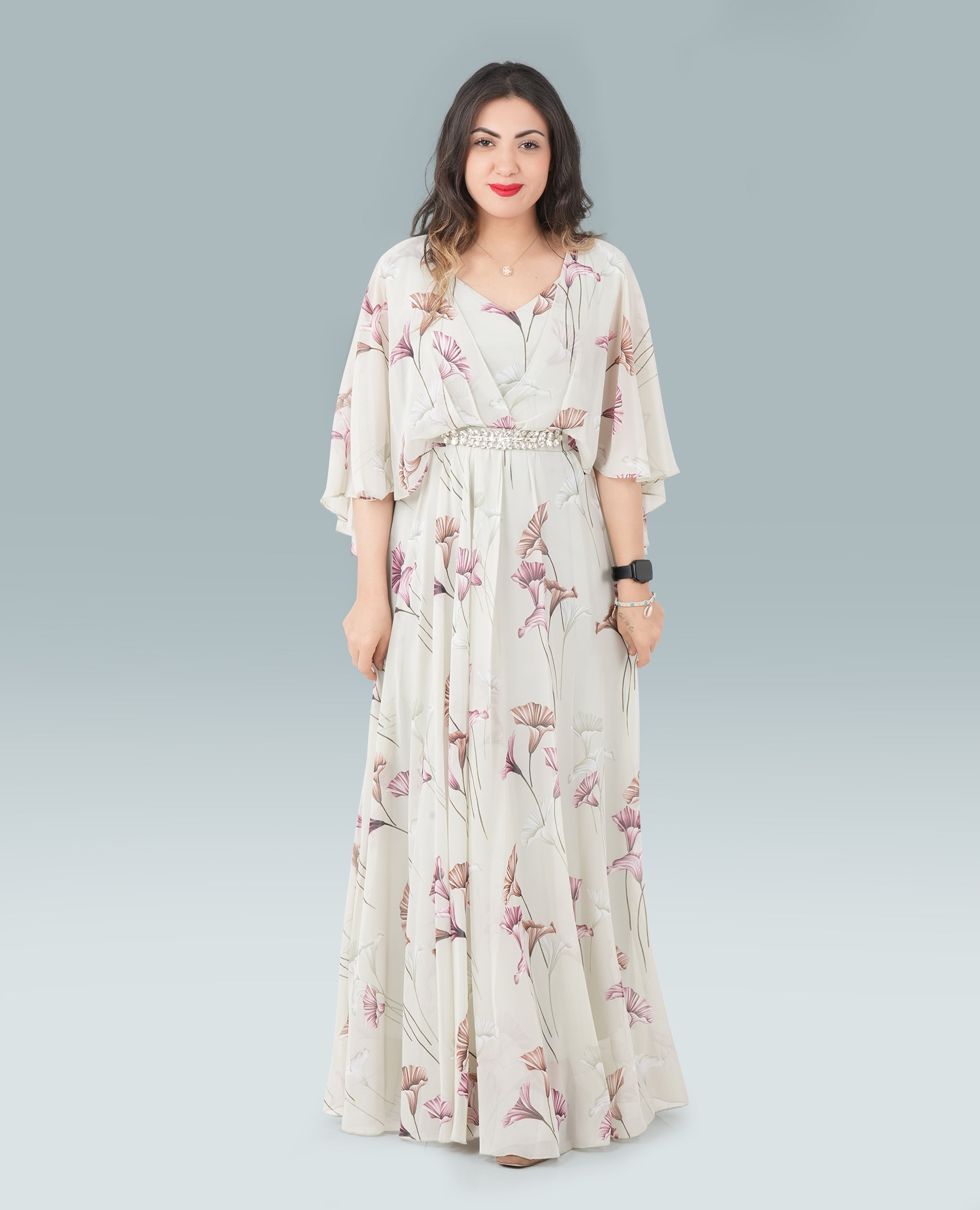 Elegant Floral Print Maxi Dress with Flowy Sleeves & Embellished Waist