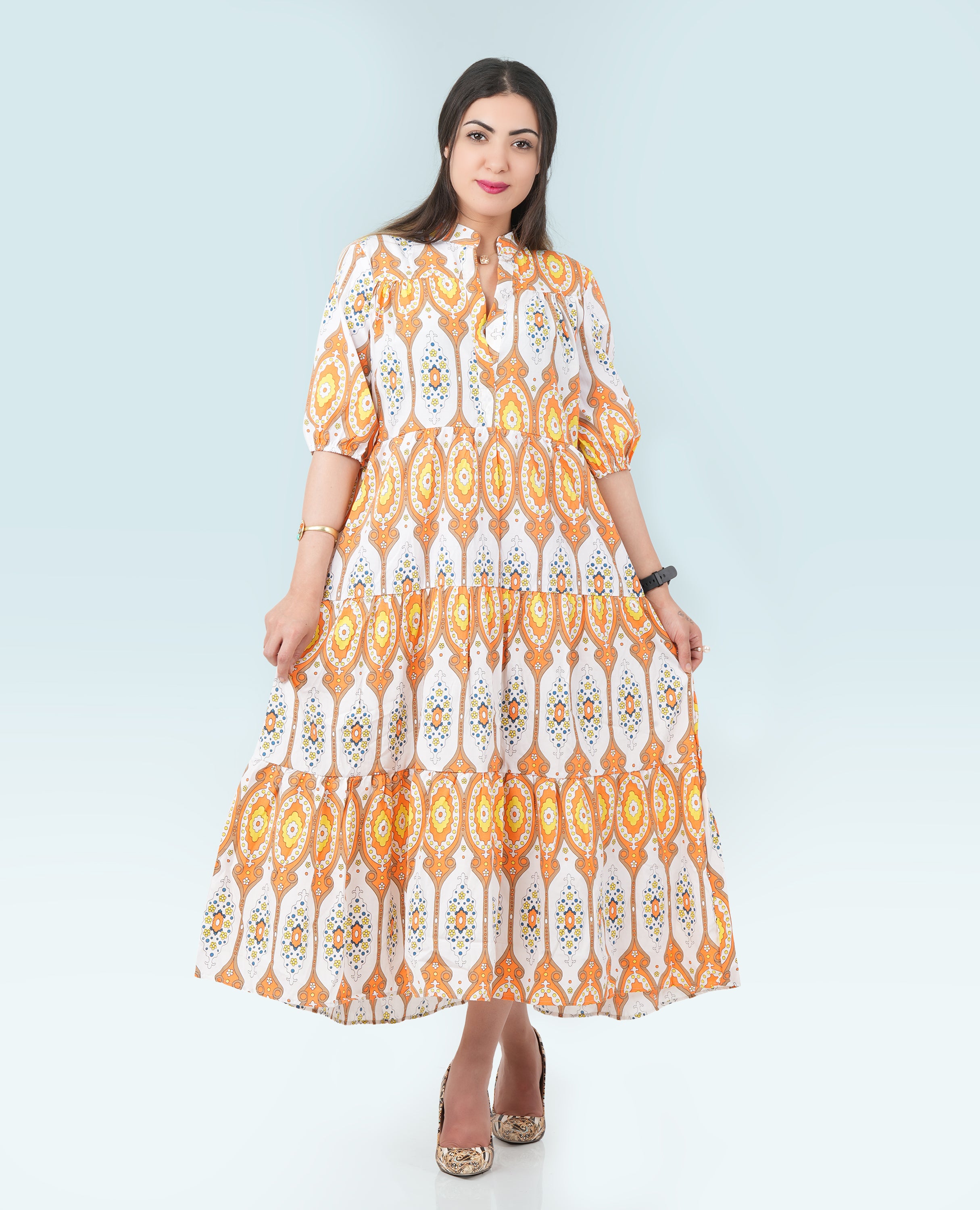 Women Printed Long Dress Mid sleeves- Finelook