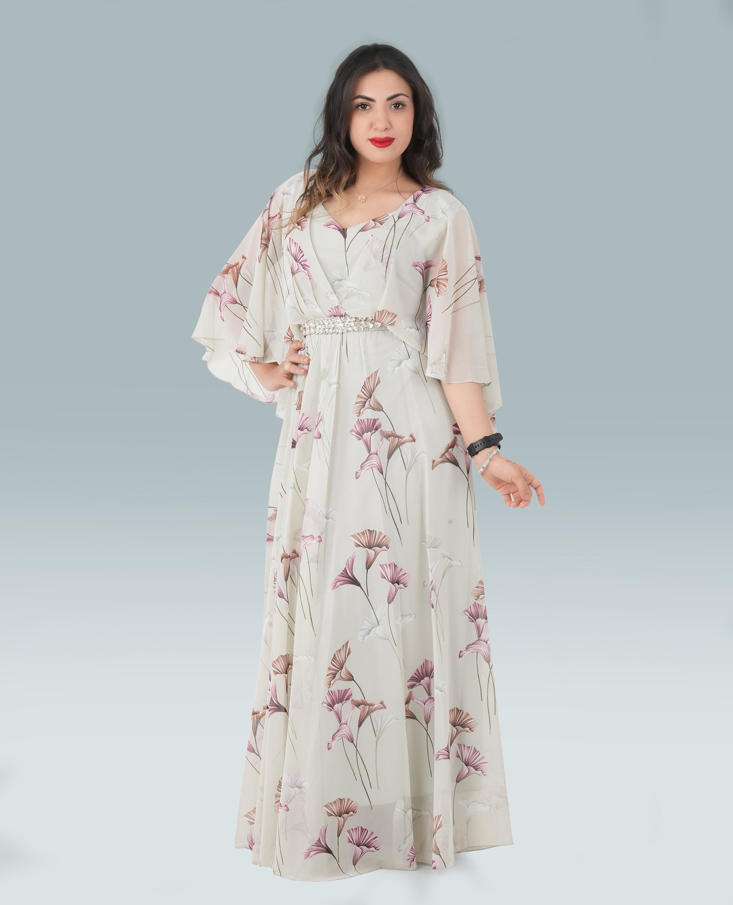 Elegant Floral Print Maxi Dress with Flowy Sleeves & Embellished Waist