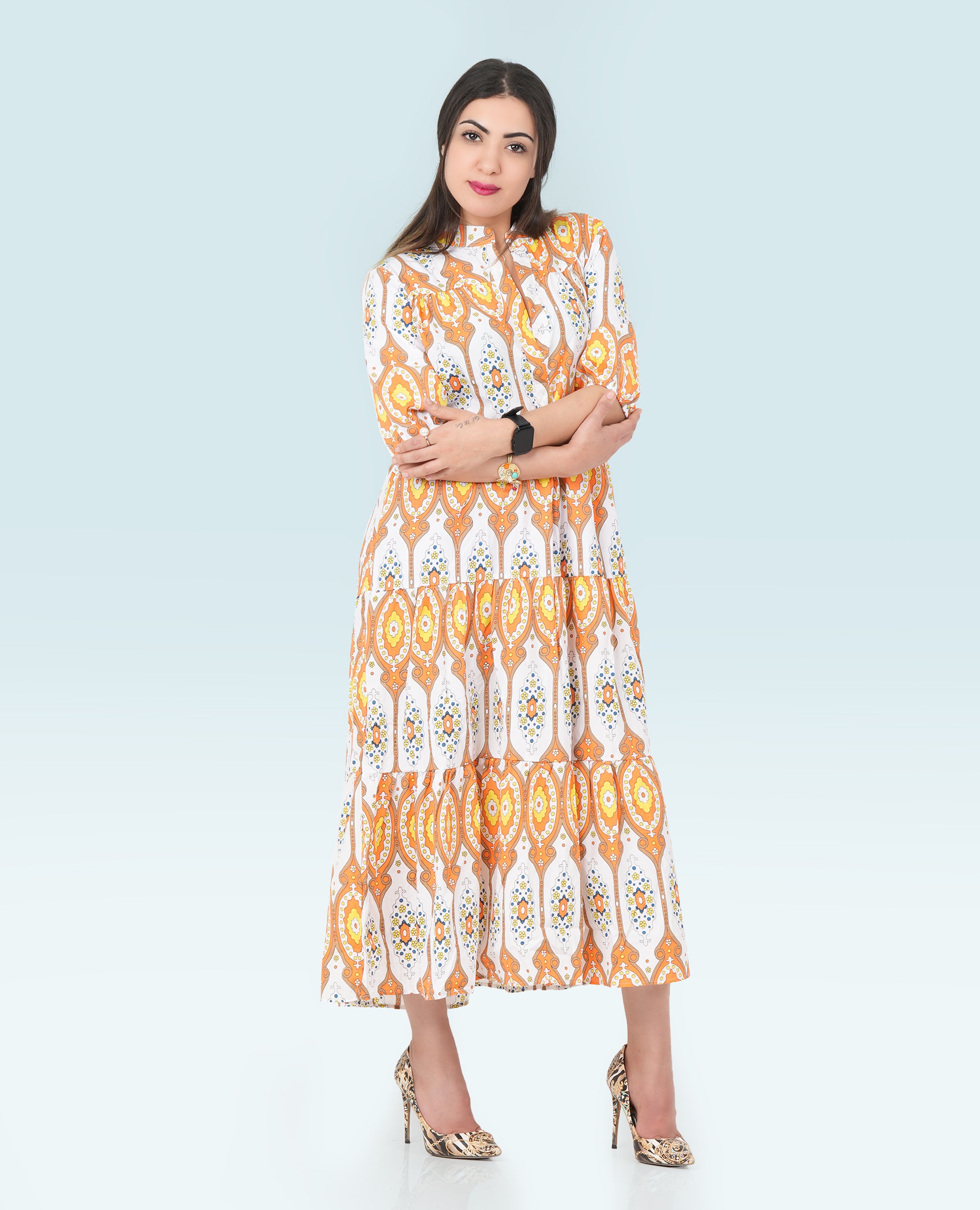 Women Printed Long Dress Mid sleeves- Finelook - FineLook