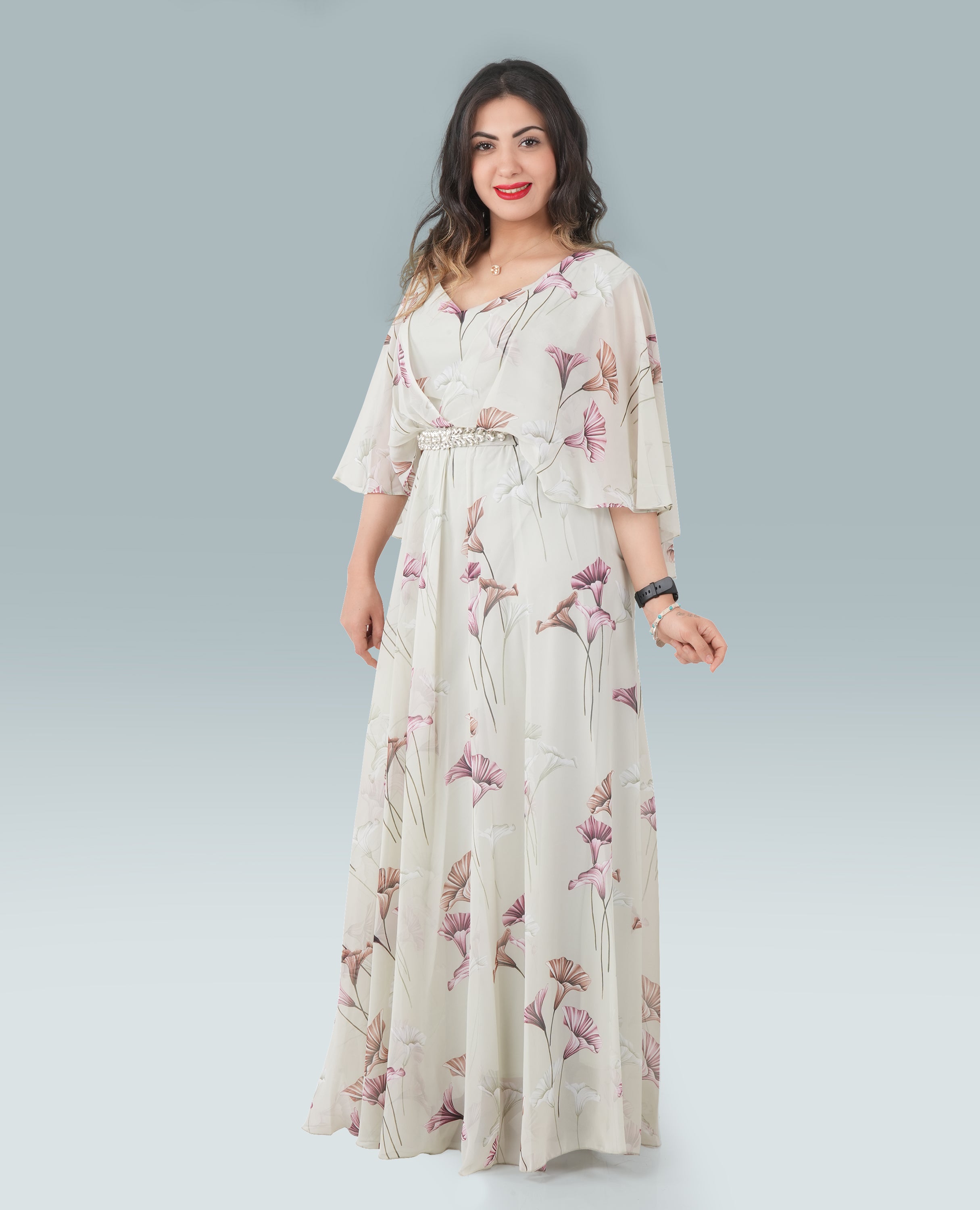 Elegant Floral Print Maxi Dress with Flowy Sleeves & Embellished Waist