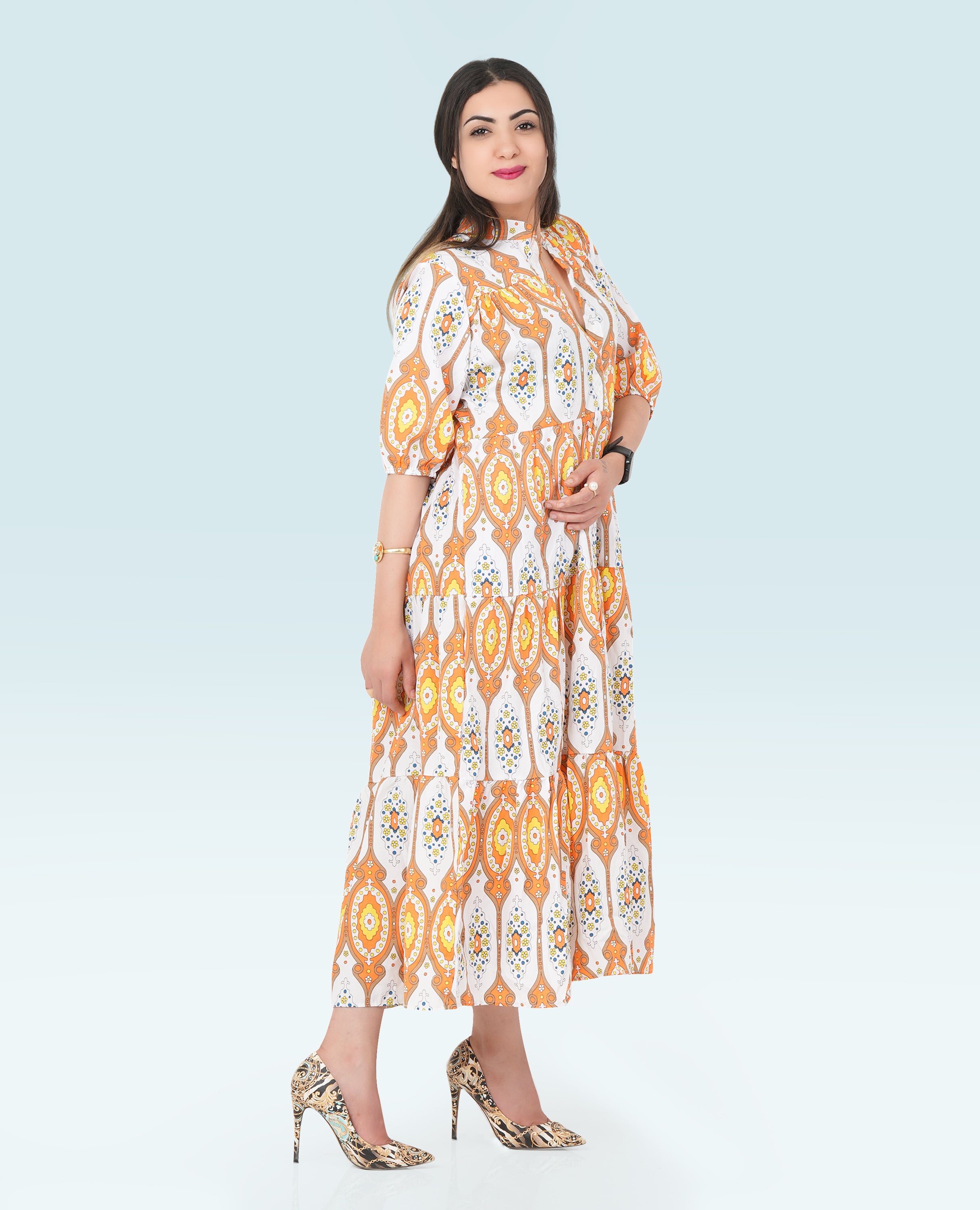 Women Printed Long Dress Mid sleeves- Finelook