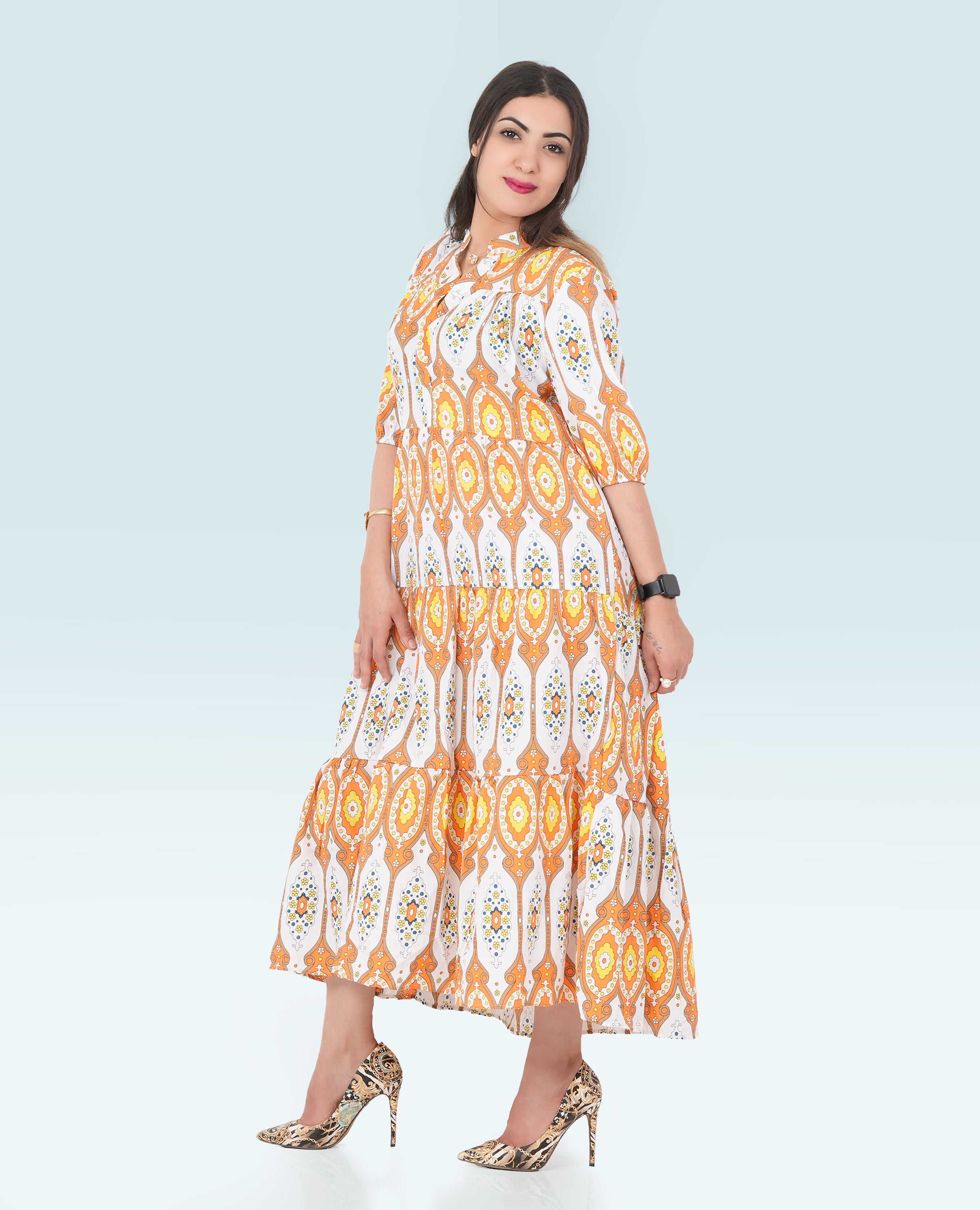 Women Printed Long Dress Mid sleeves- Finelook