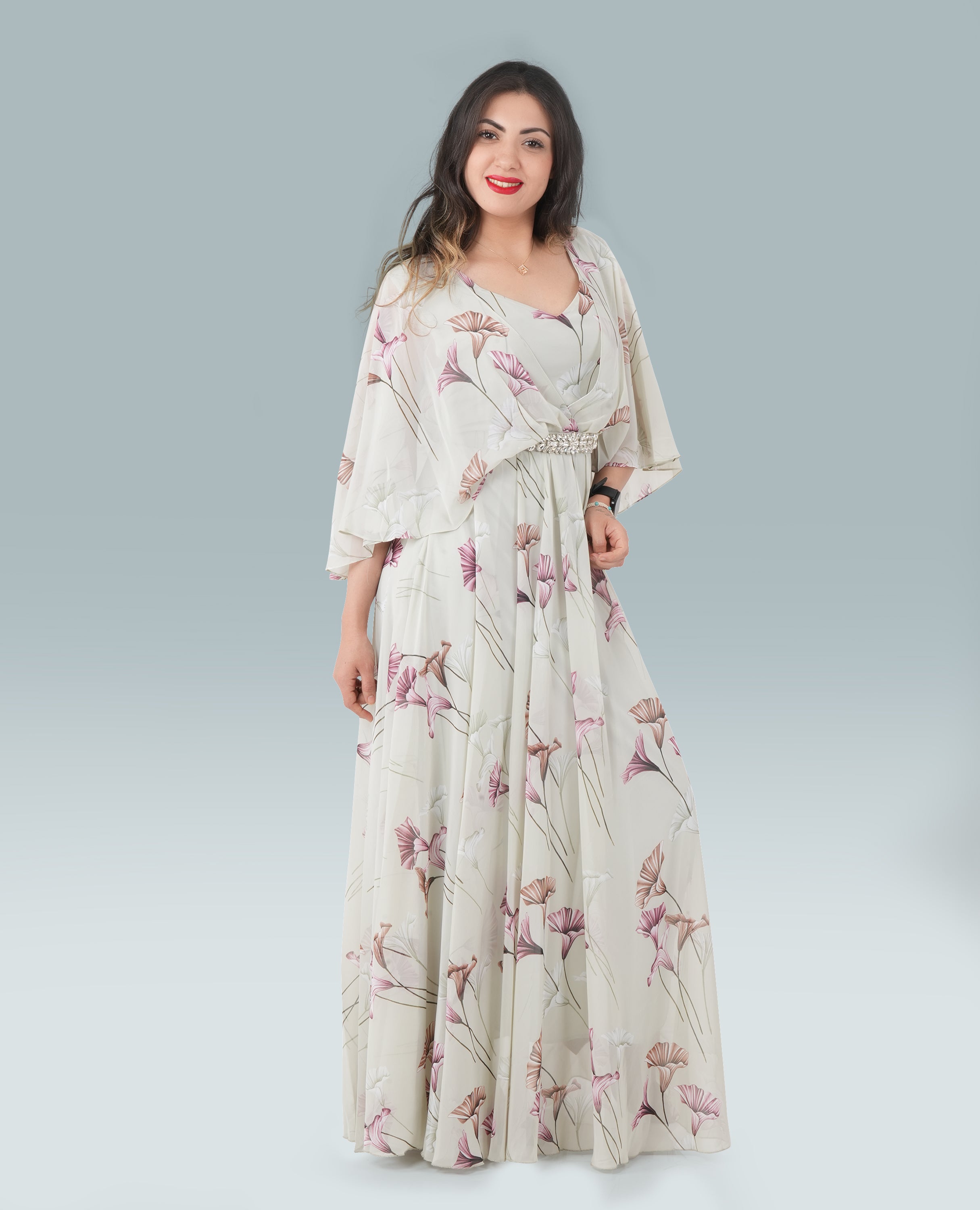 Elegant Floral Print Maxi Dress with Flowy Sleeves & Embellished Waist