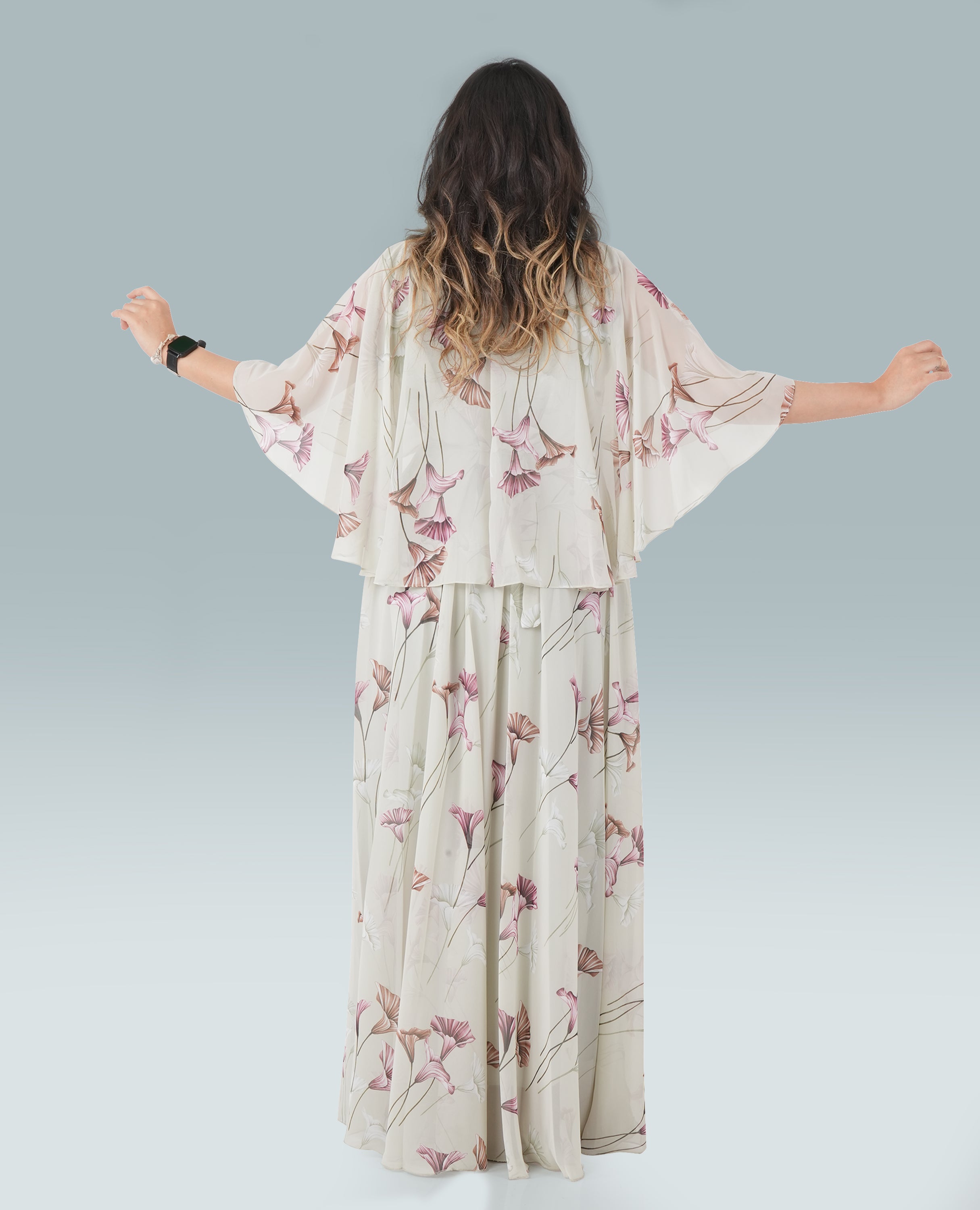 Elegant Floral Print Maxi Dress with Flowy Sleeves & Embellished Waist