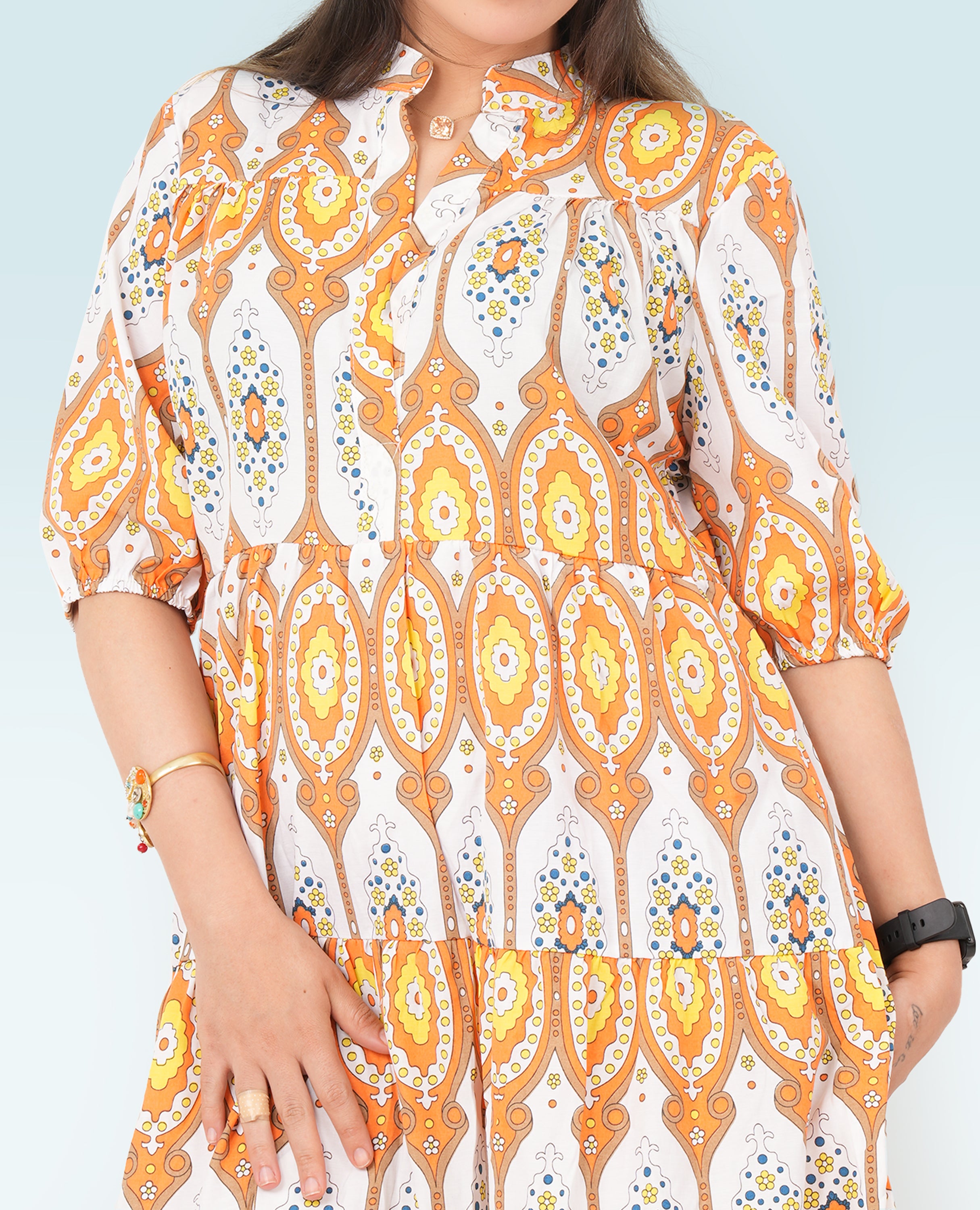 Women Printed Long Dress Mid sleeves- Finelook