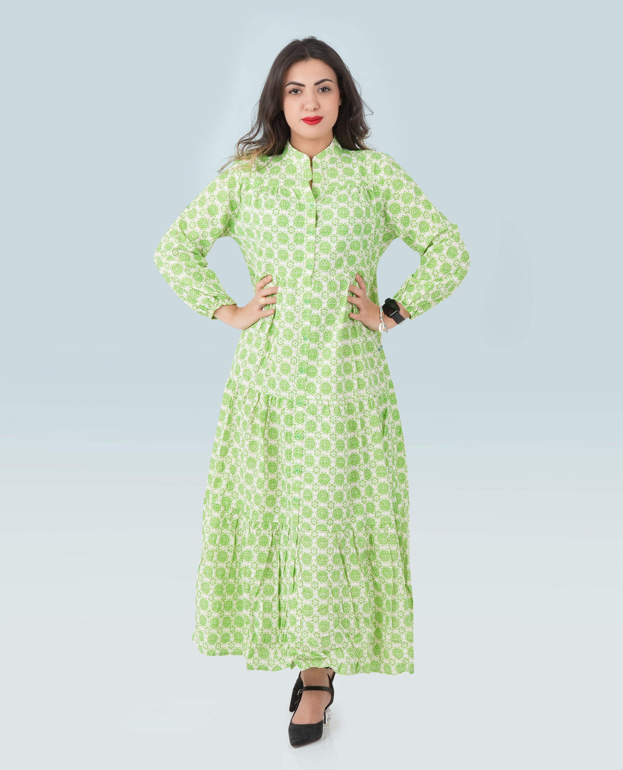 Green Button Down Printed Dress - Finelook - FineLook