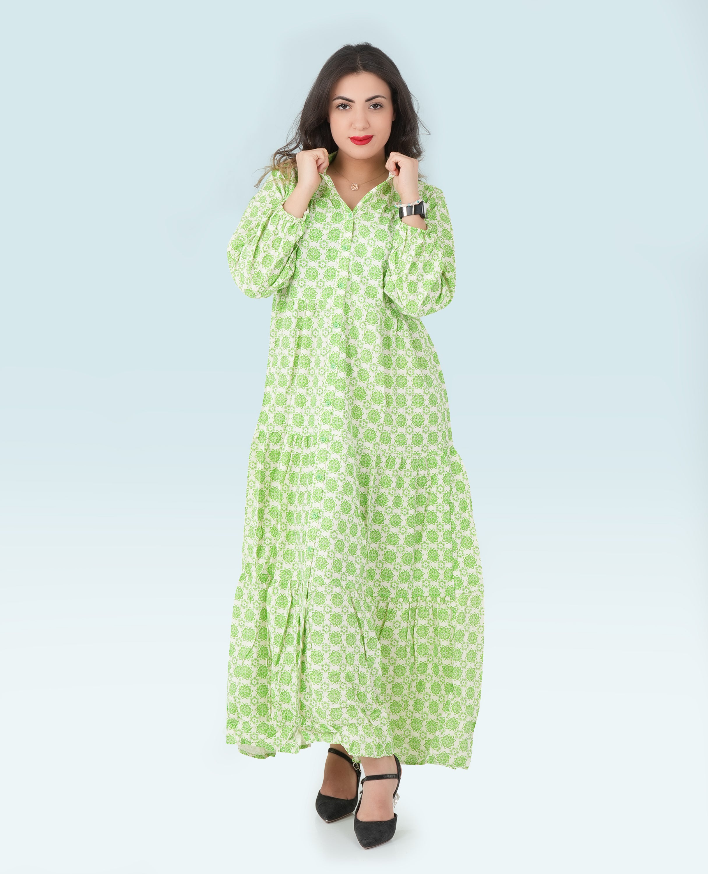 Green Button Down Printed Dress - Finelook - FineLook