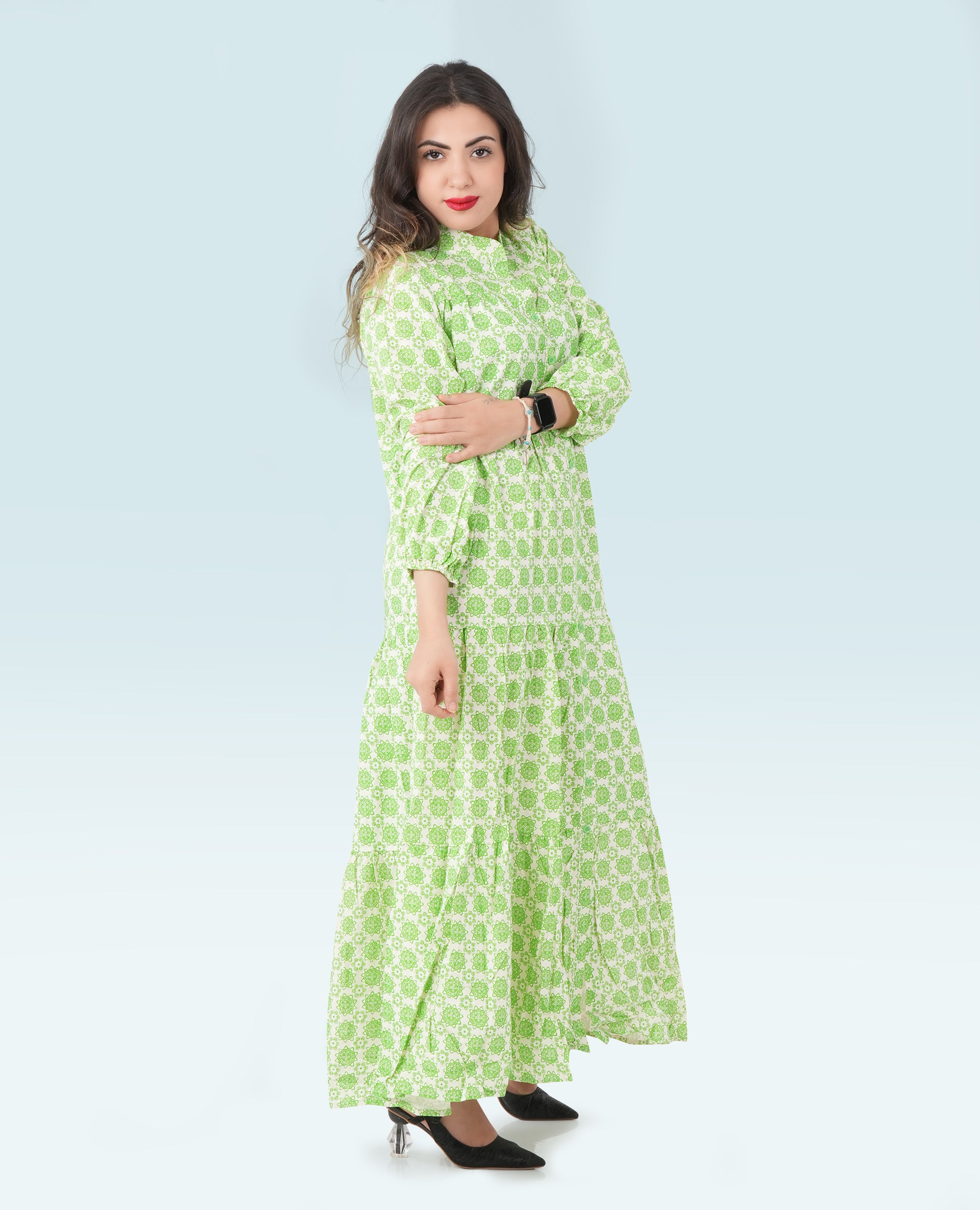 Green Button Down Printed Dress - Finelook