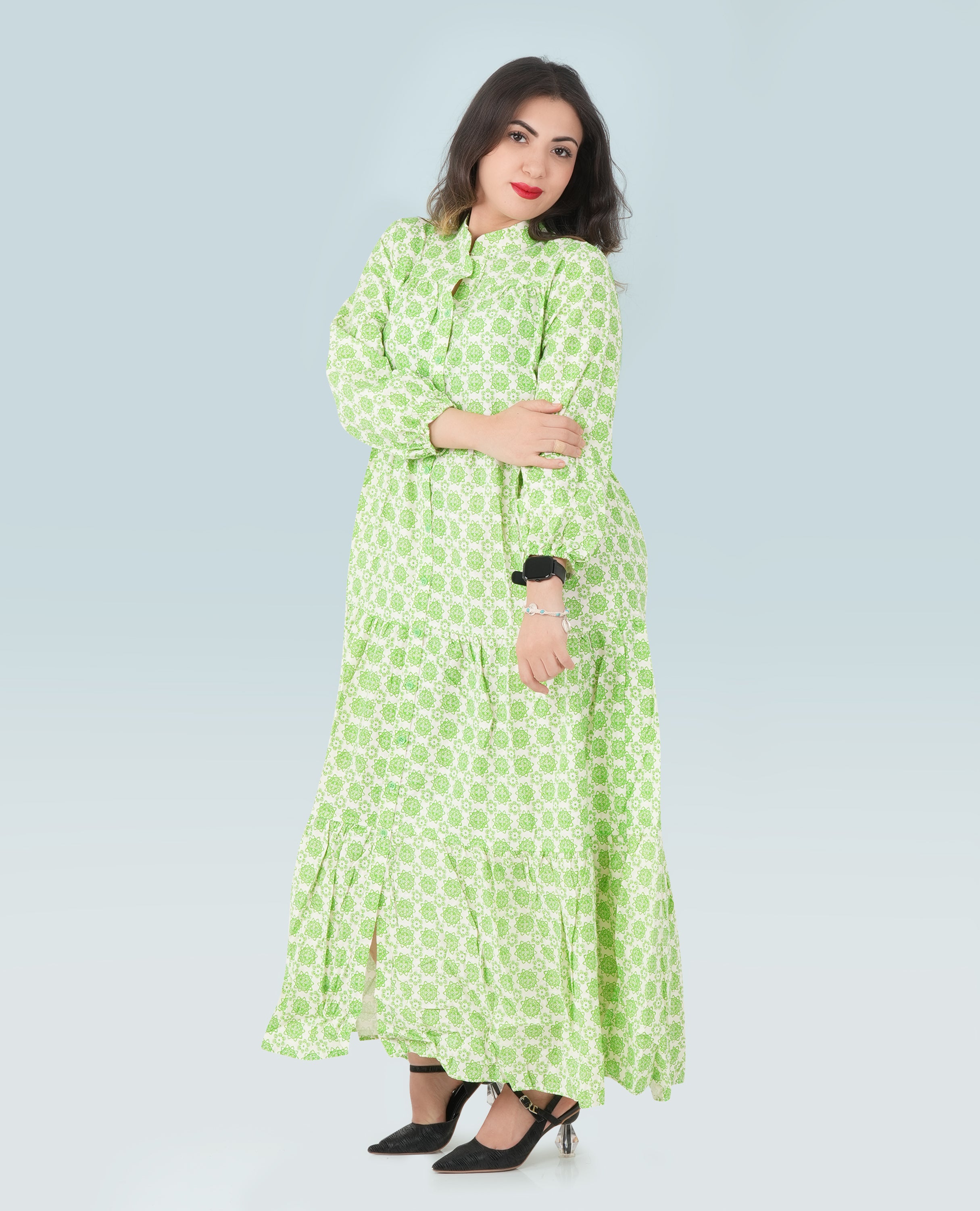 Green Button Down Printed Dress - Finelook