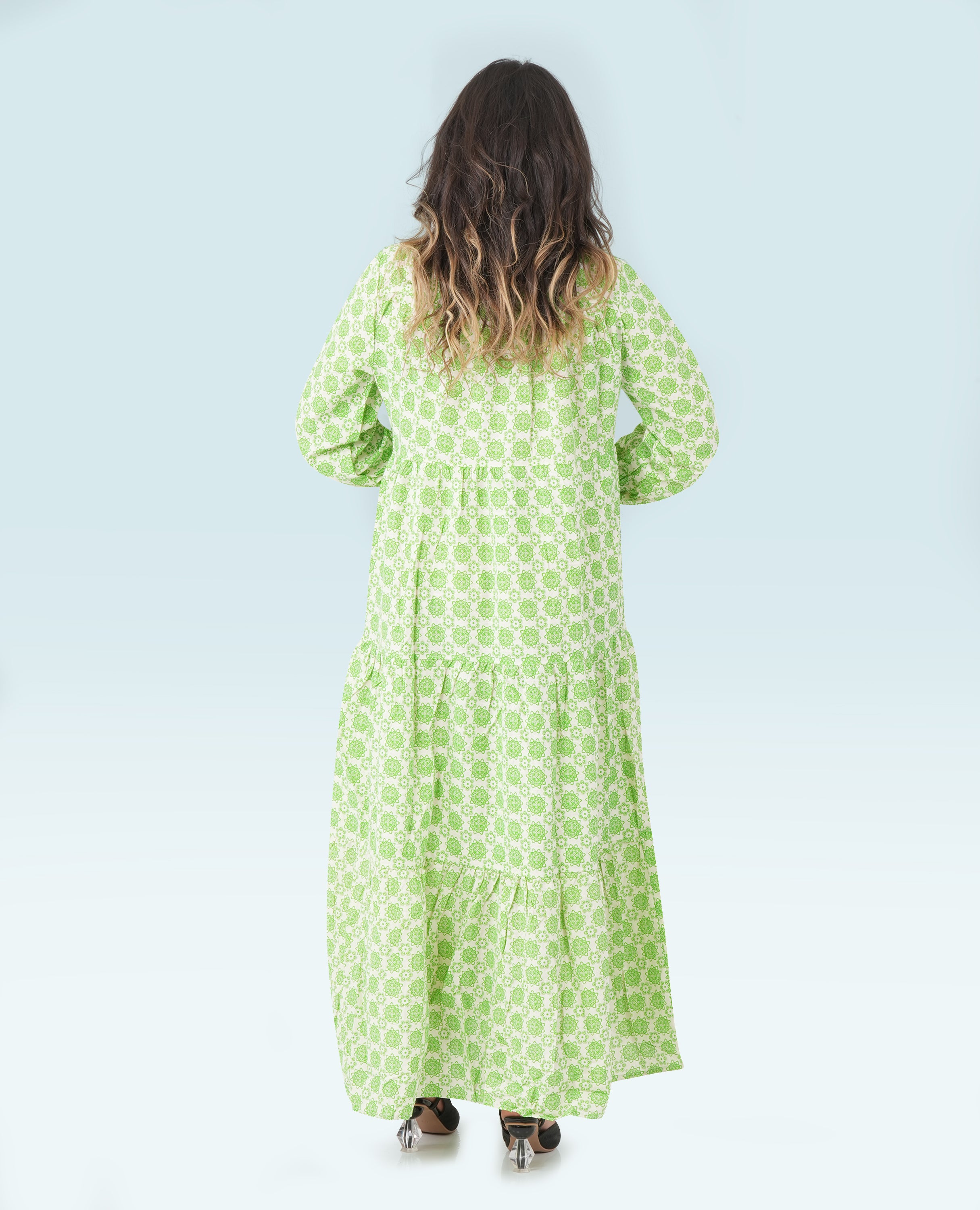 Green Button Down Printed Dress - Finelook