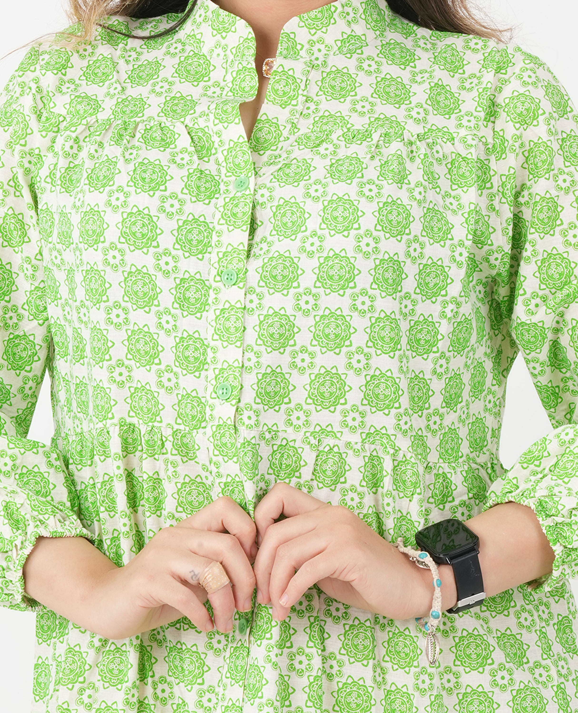 Green Button Down Printed Dress - Finelook