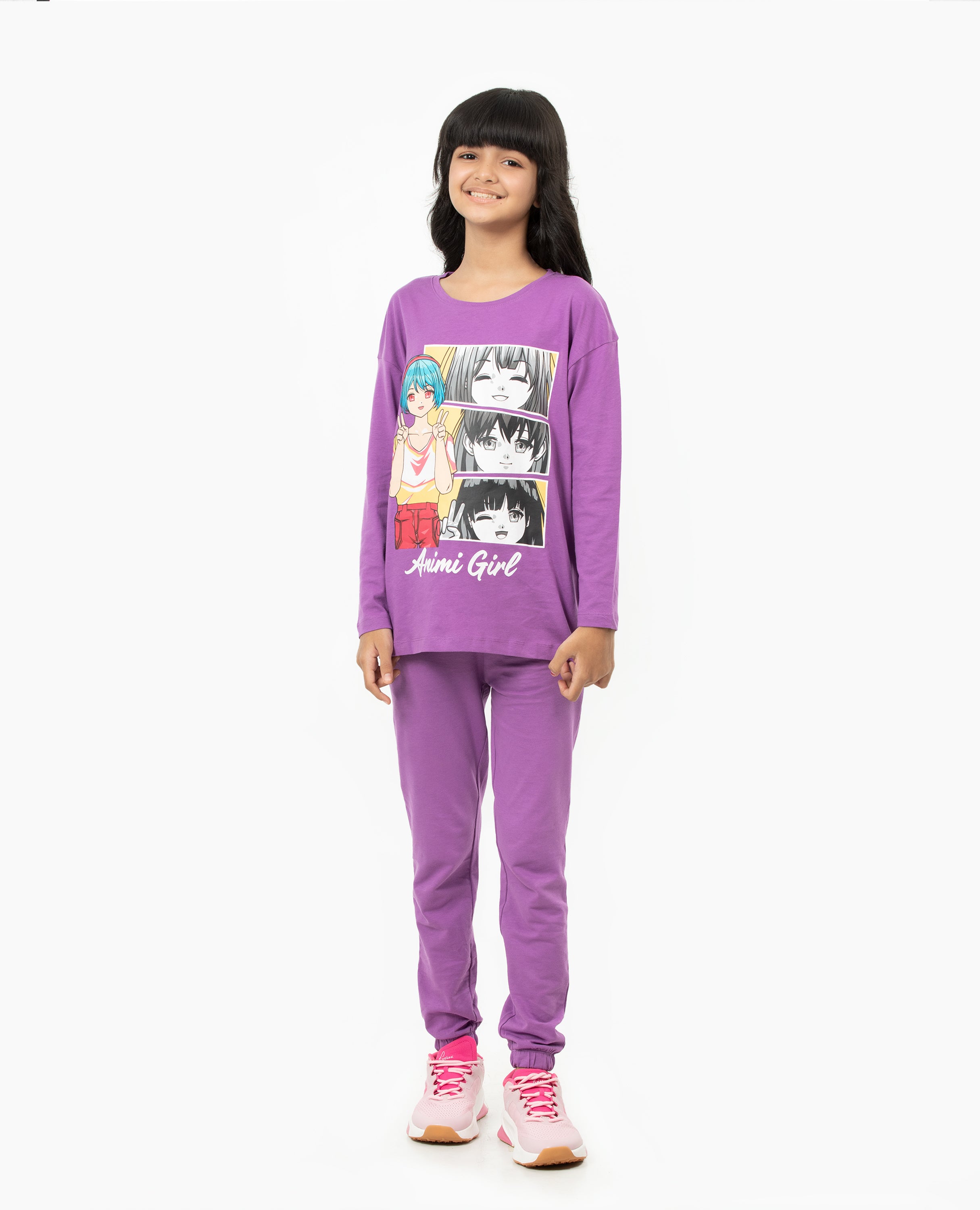 Girl's Anime Print Long Sleeve T-shirt & Bottom Set - FineLook