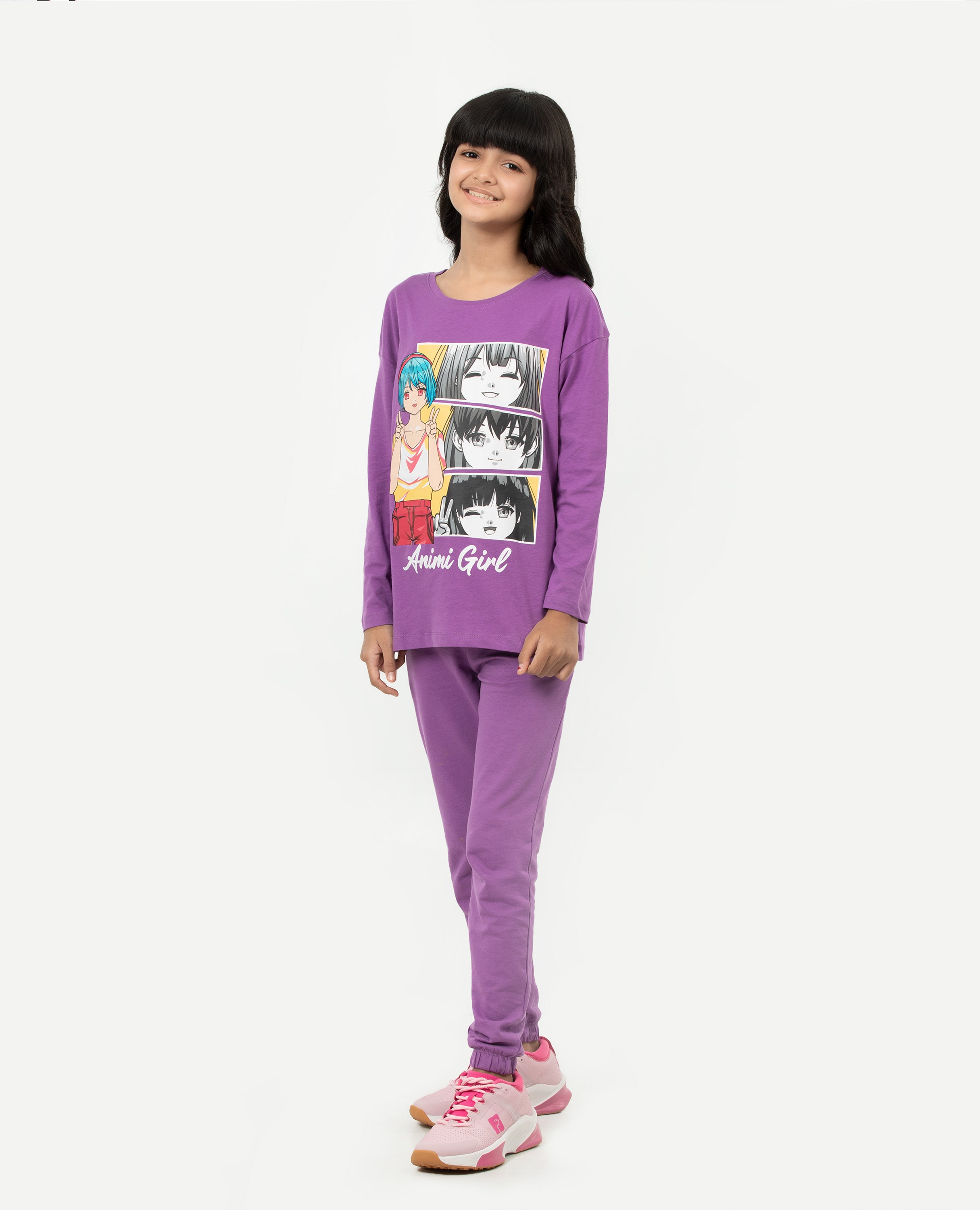 Girl's Anime Print Long Sleeve T-shirt & Bottom Set - FineLook